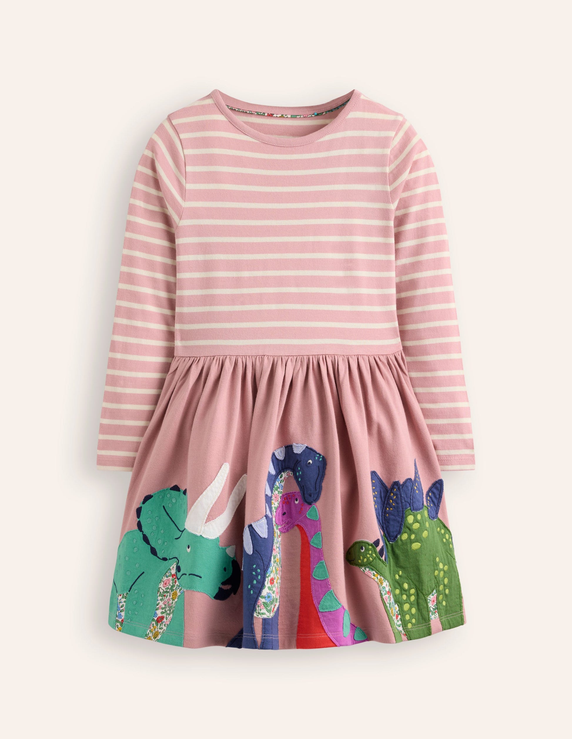 Appliqué Hem Jersey Dress-Vintage Pink Dinosaurs-1