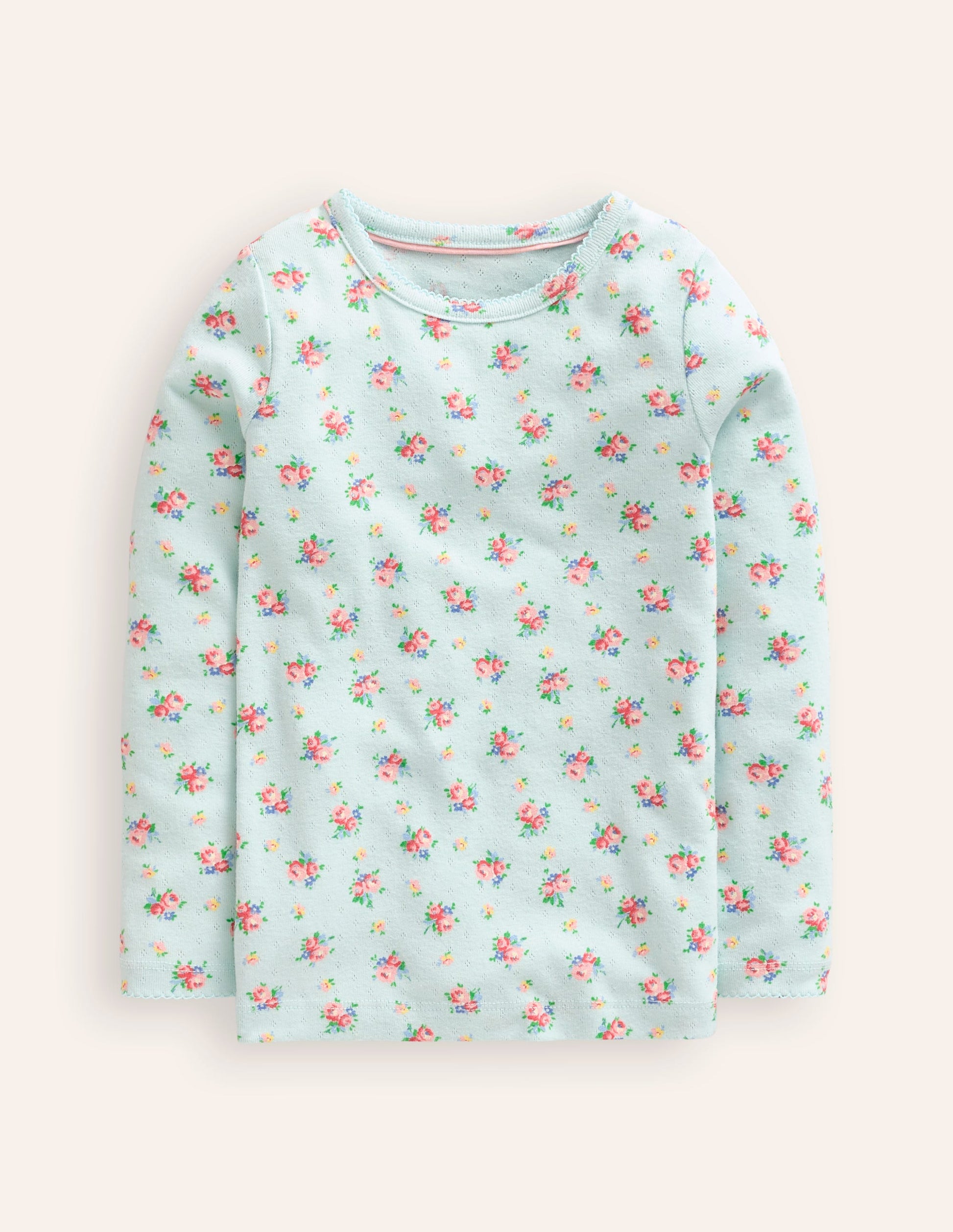 Long Sleeve Pointelle Top-Pale Green Floral Bouquet-1