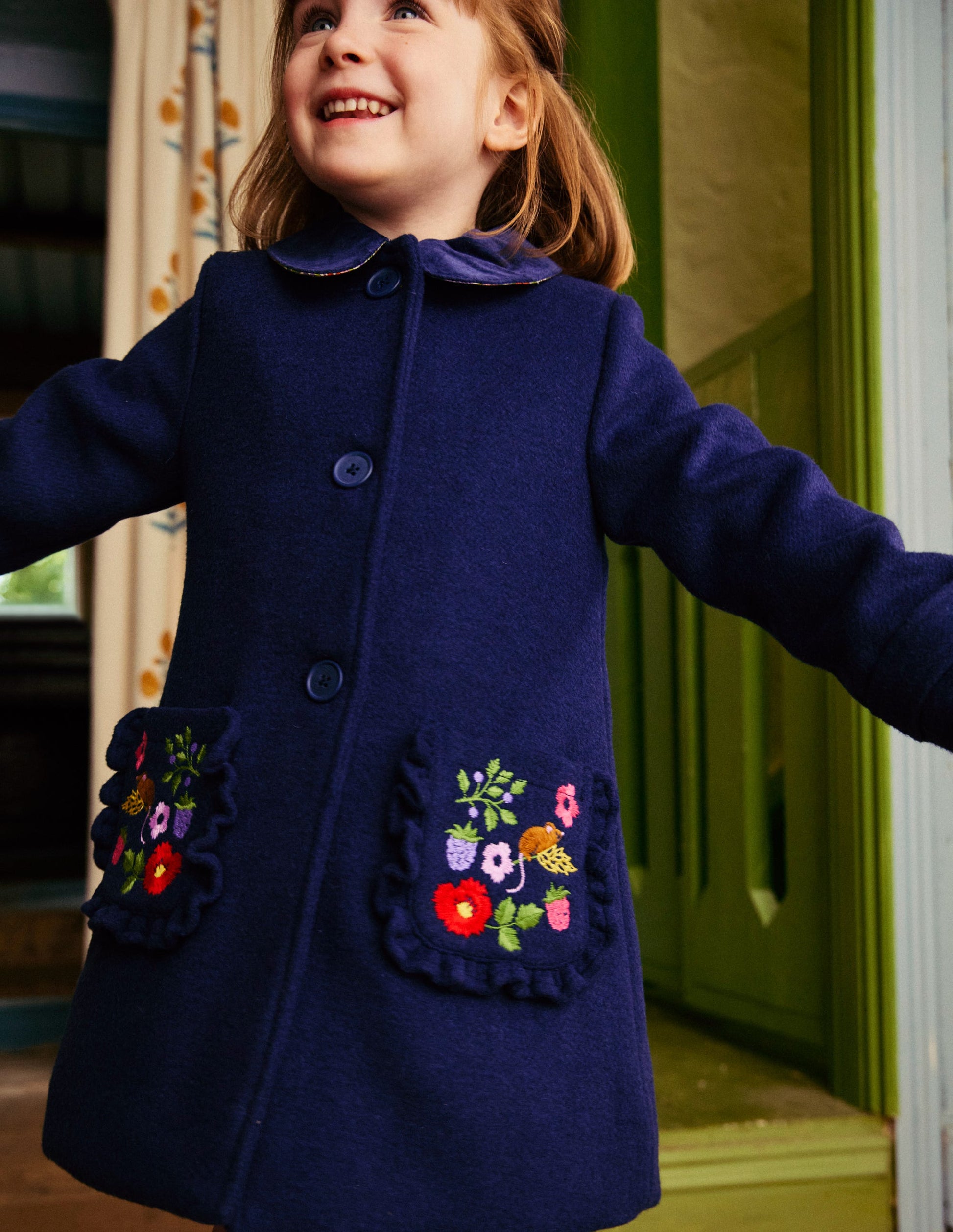 Wonderful Wool Blended Coat-College Navy Embroidery-5