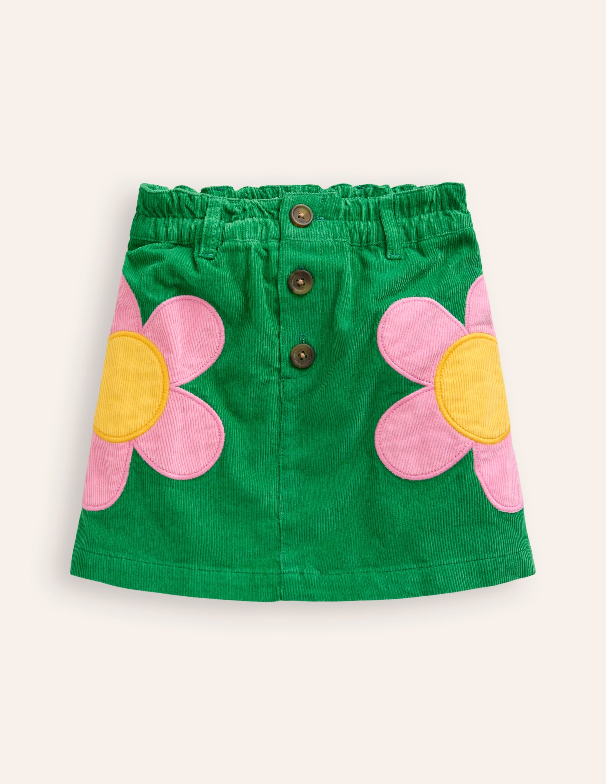 Button Pull-On Mini Skirt-Iguana Green Appliqué Flowers - Image 1