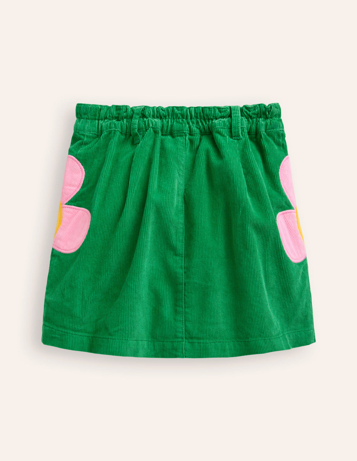 Button Pull-On Mini Skirt-Iguana Green Appliqué Flowers - Image 2