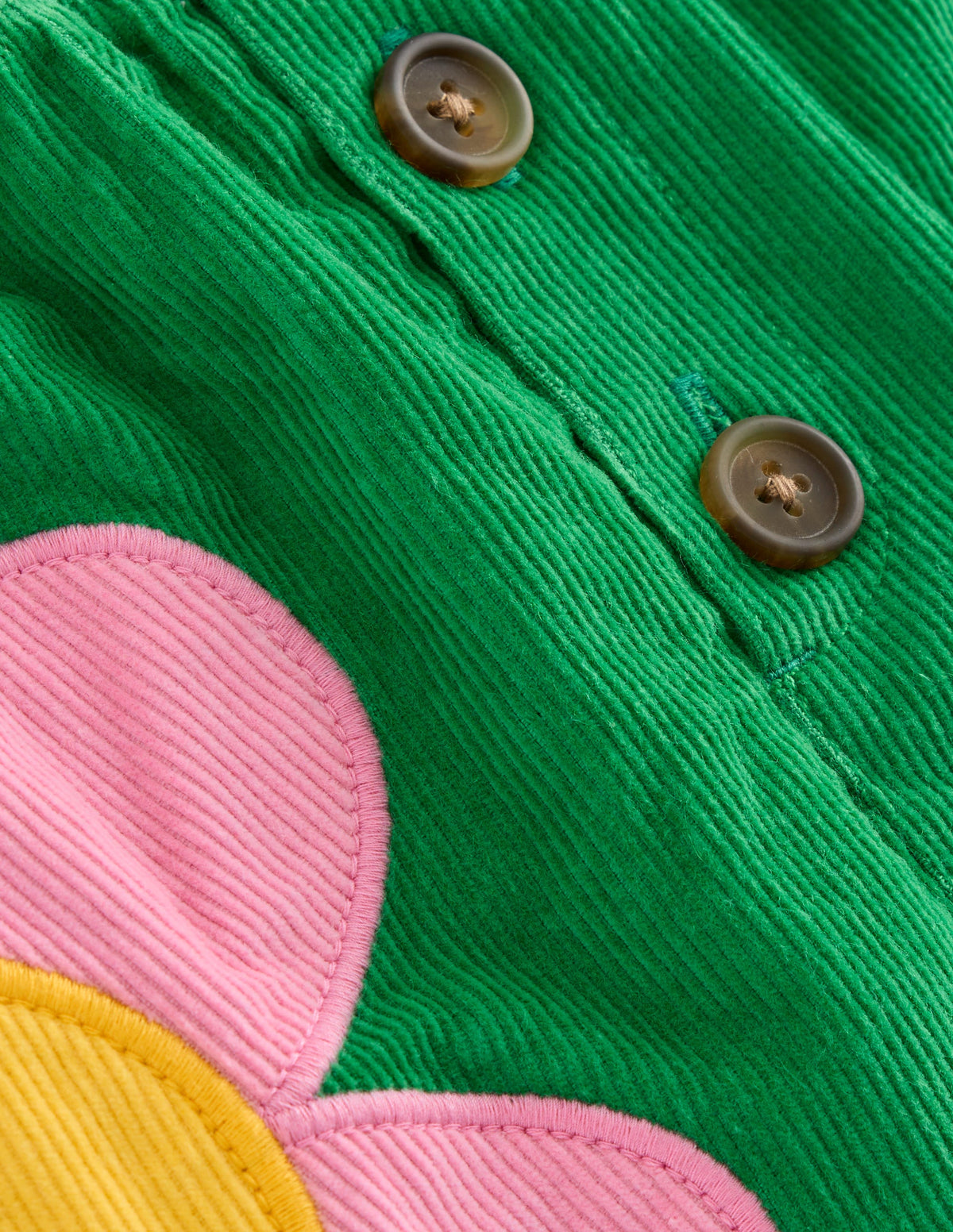 Button Pull-On Mini Skirt-Iguana Green Appliqué Flowers - Image 3