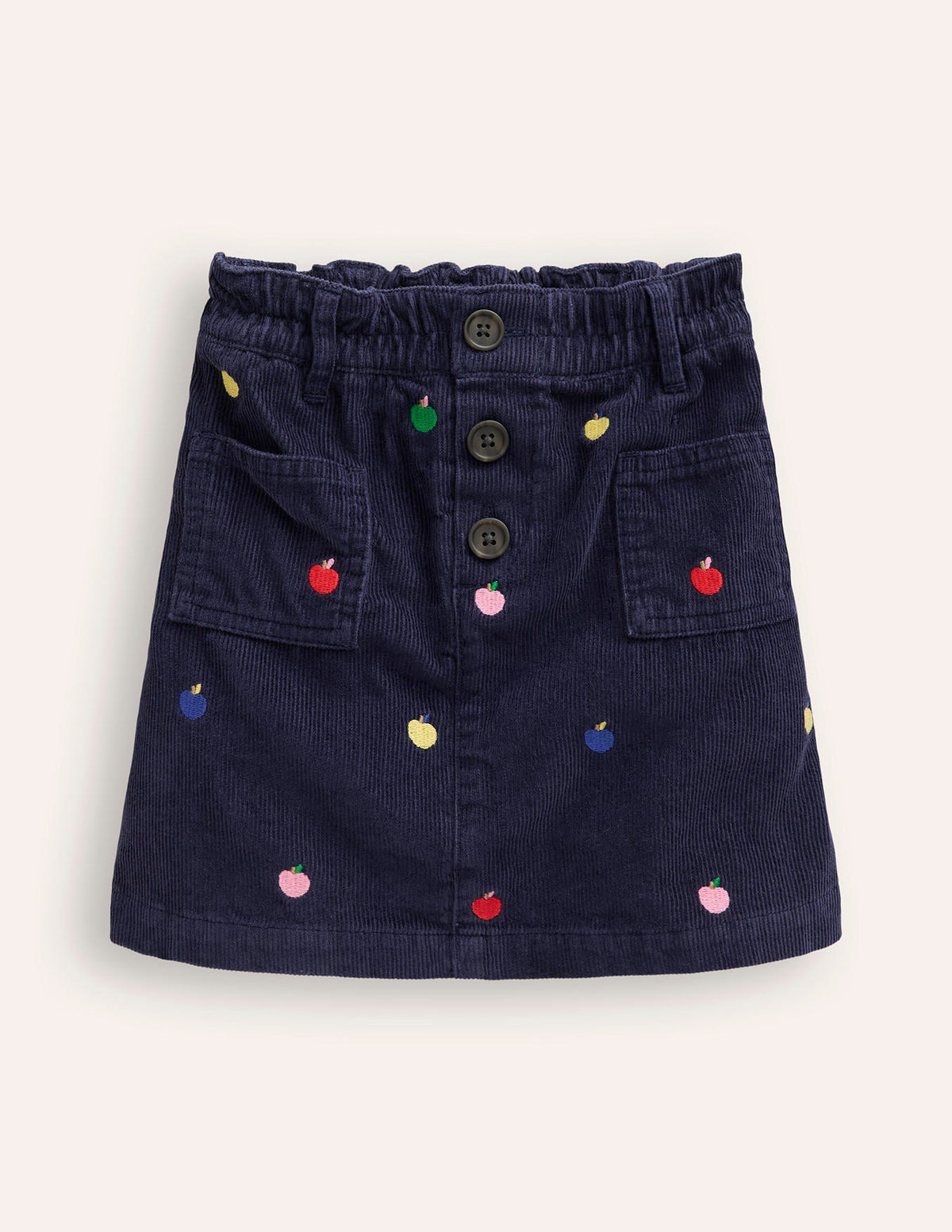 Button Pull-On Mini Skirt-Navy Multi Apples Embroidery - Image 3