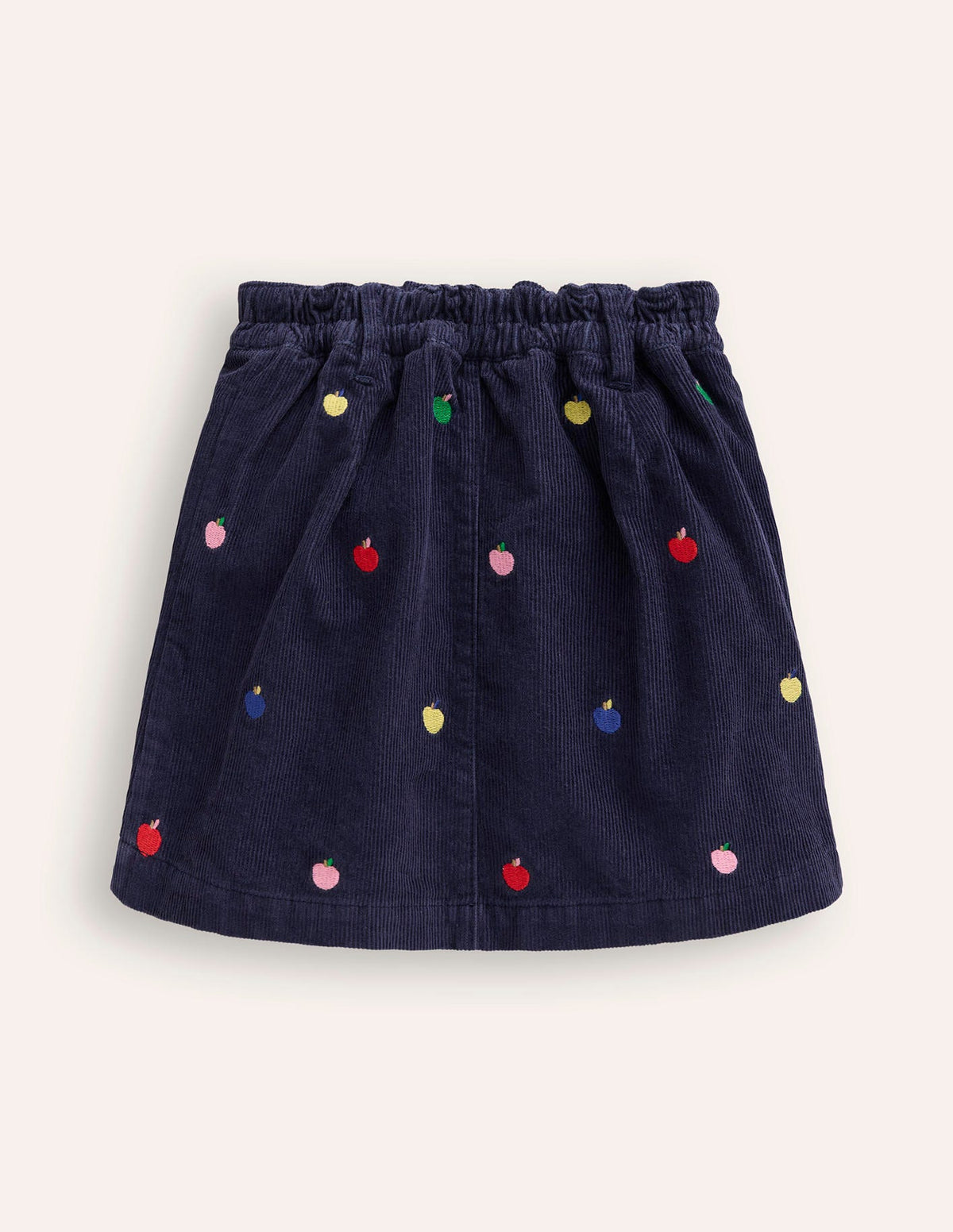Button Pull-On Mini Skirt-Navy Multi Apples Embroidery-4