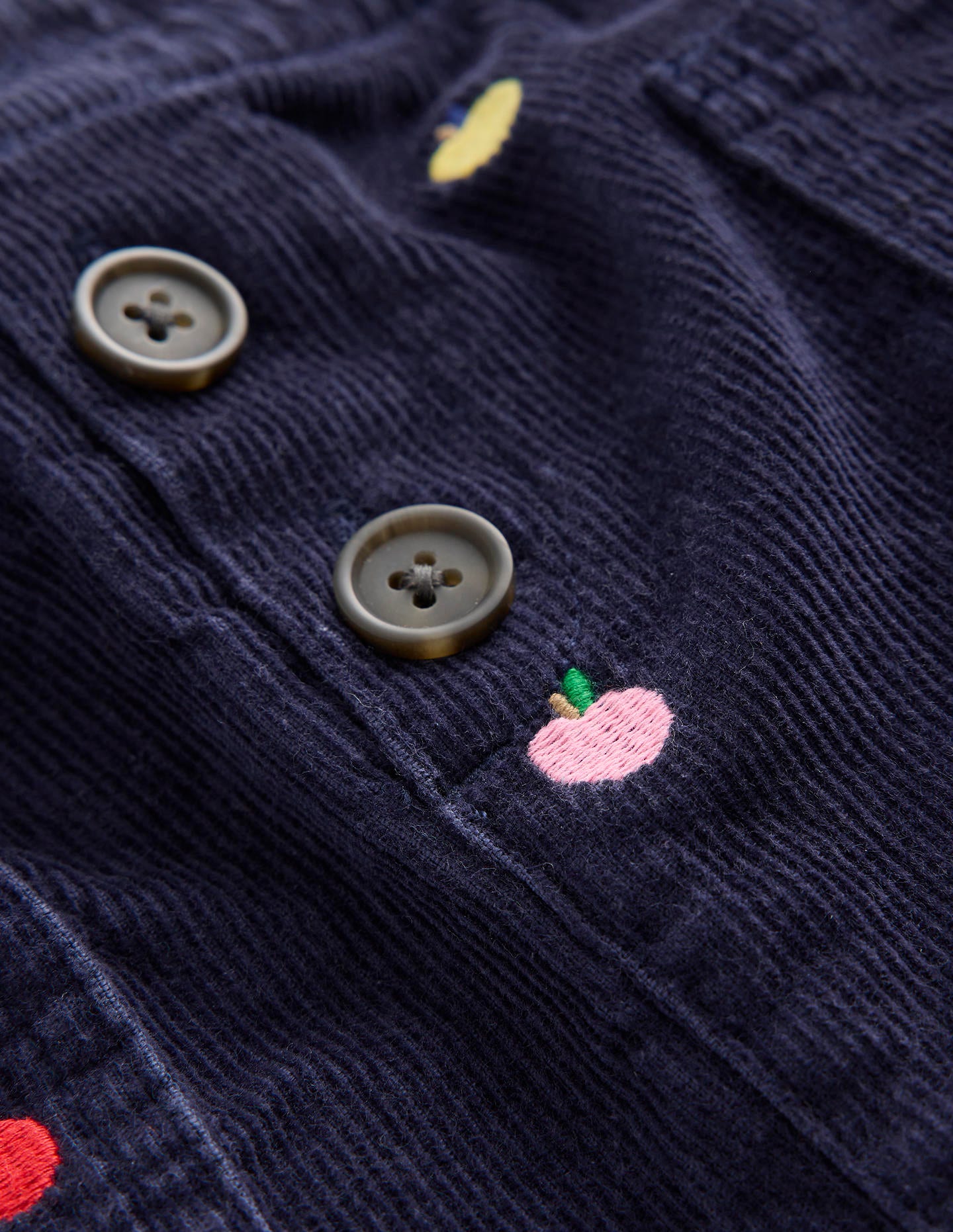 Button Pull-On Mini Skirt-Navy Multi Apples Embroidery - Image 5