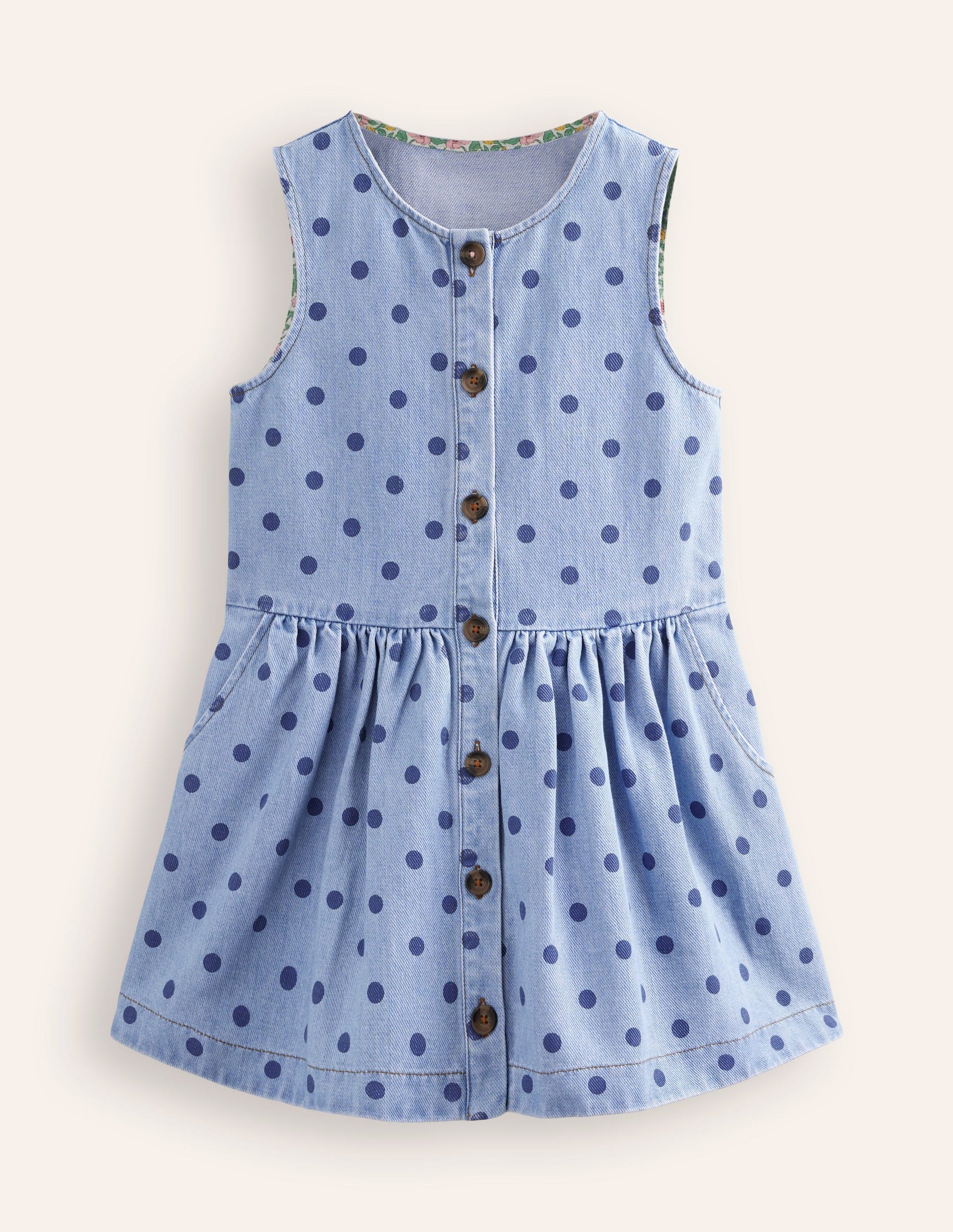 Button Through Pinafore Dress-Mid Vintage Denim Spot-1