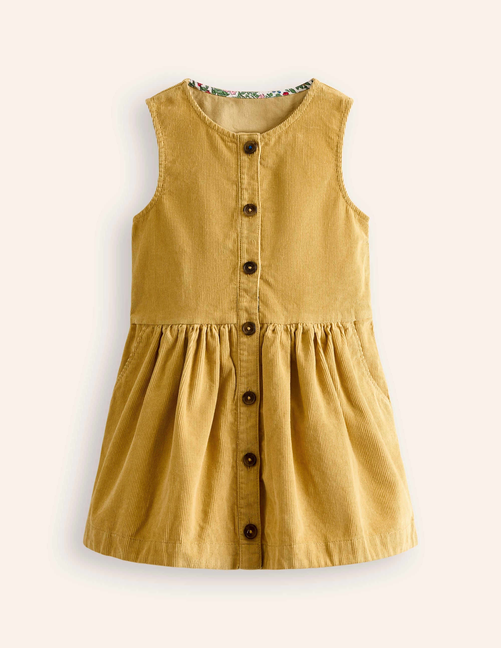 Button Through Pinafore Dress-Honeycomb Yellow Cord - Image 1
