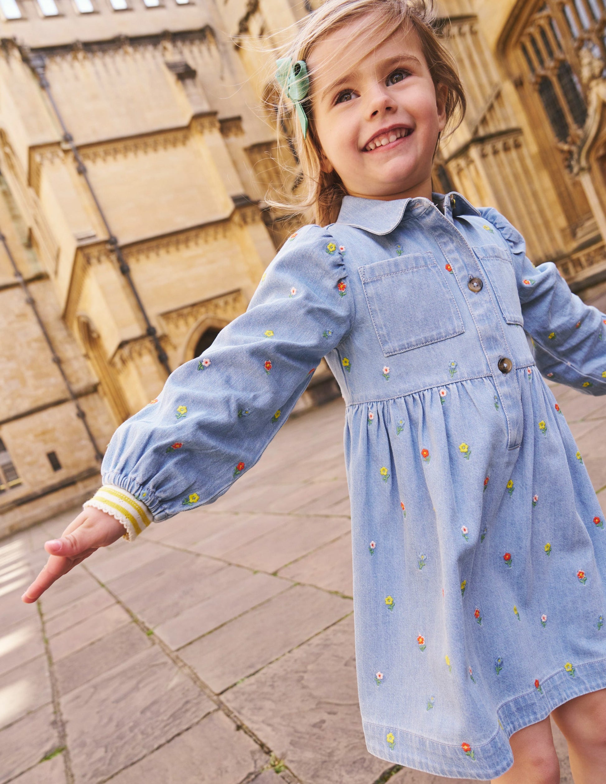 Puff Sleeve Shirt Dress-Mid Vintage Denim Flower-4