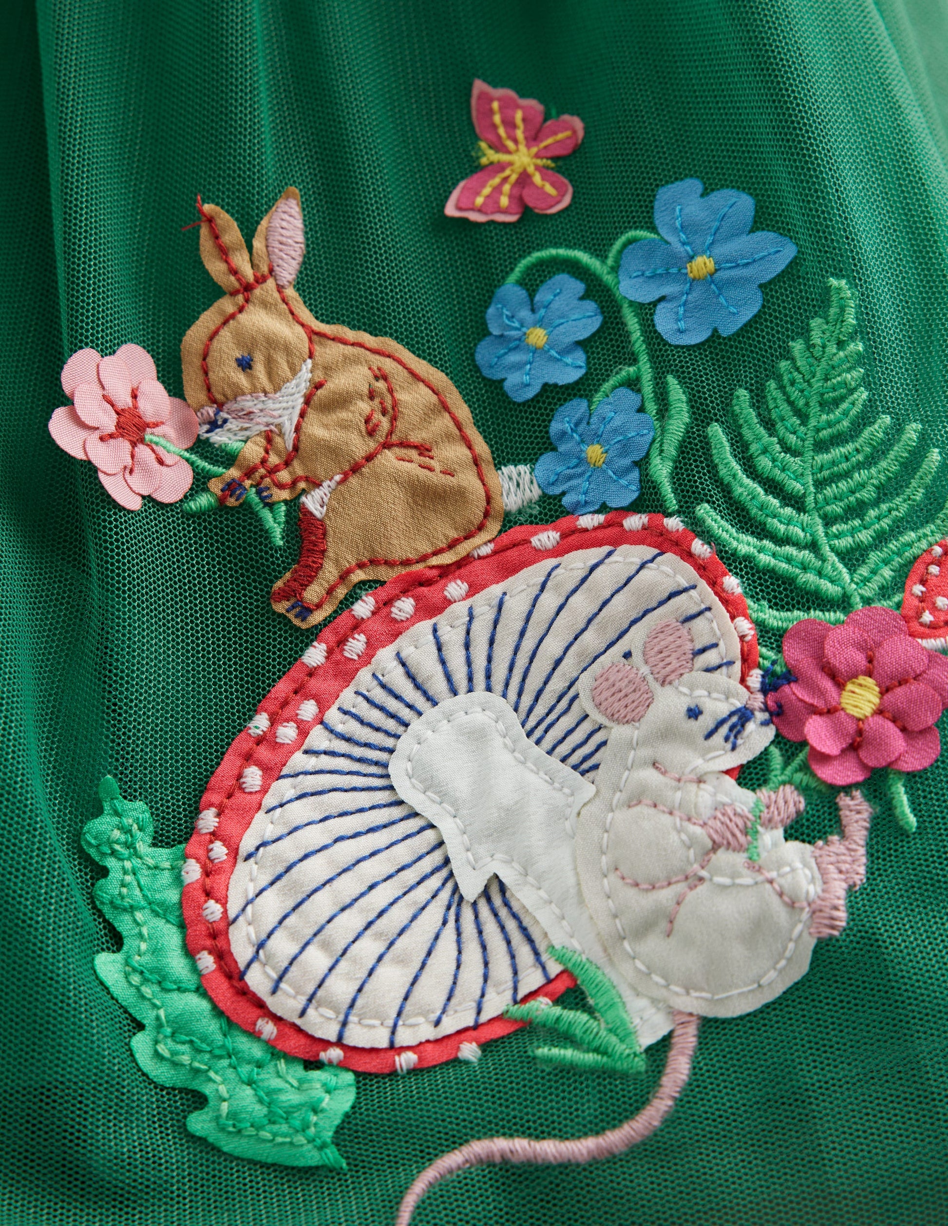 Velvet Tulle Appliqué Dress-Jewel Green Woodland Animals-3