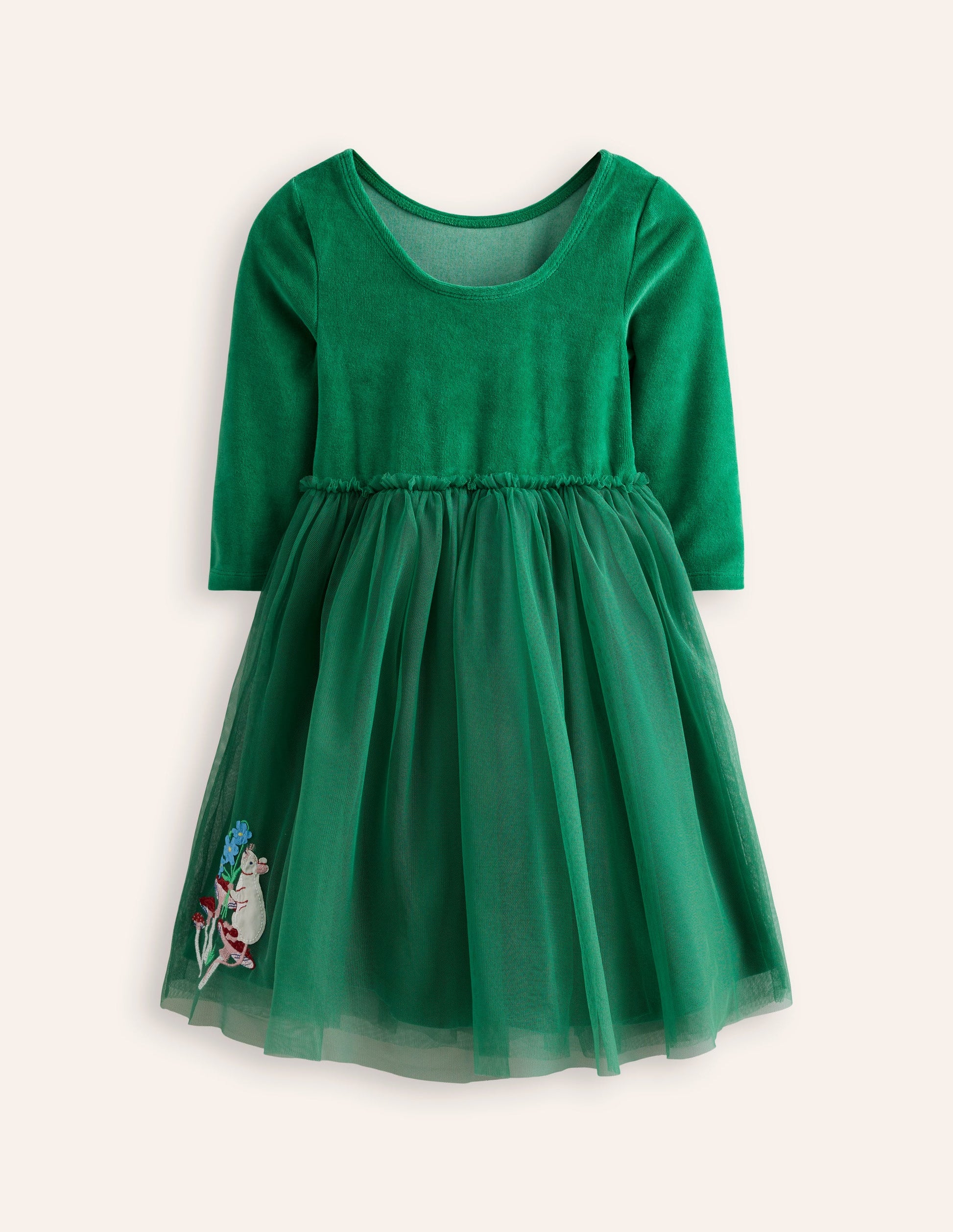 Velvet Tulle Appliqué Dress-Jewel Green Woodland Animals-1