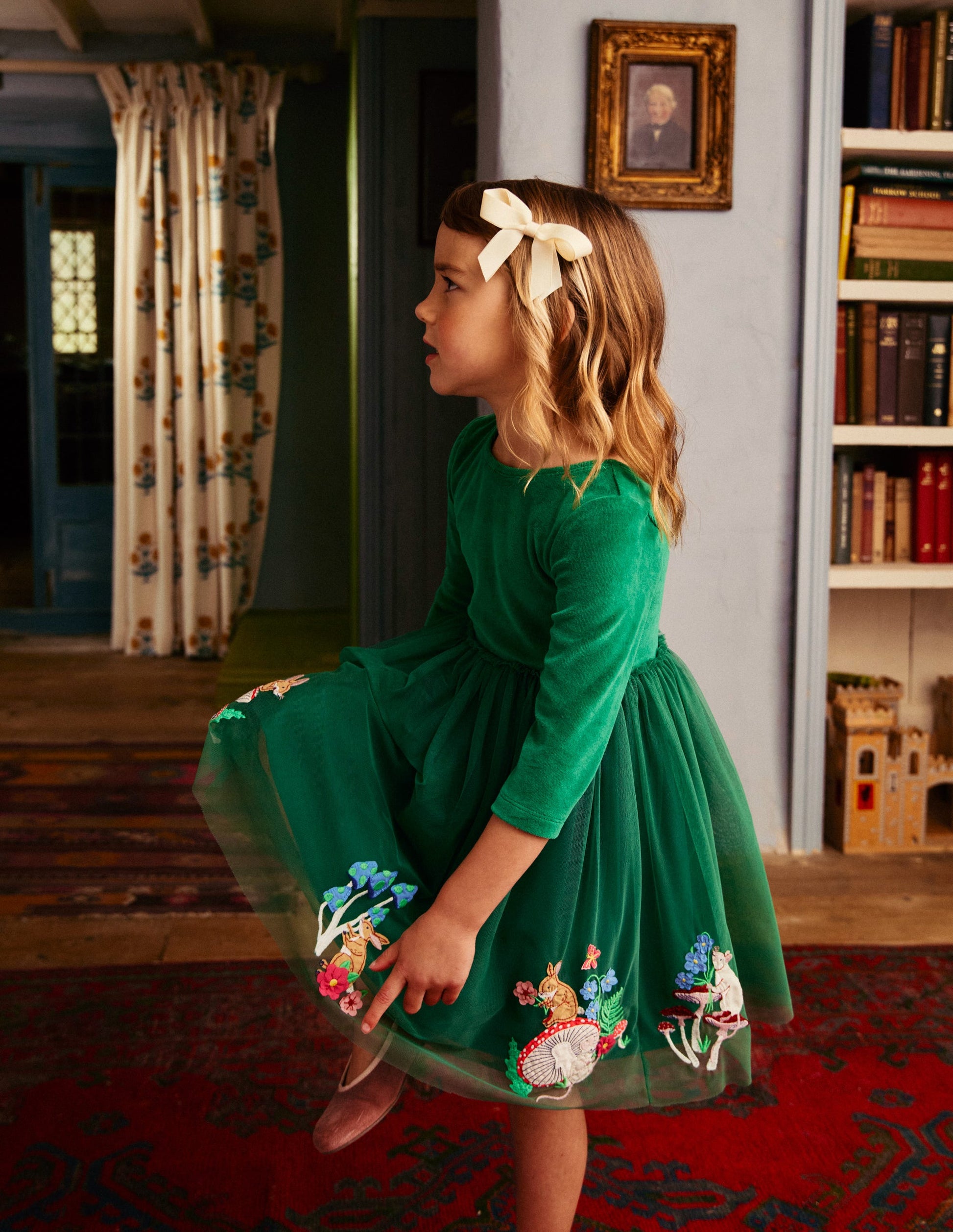 Velvet Tulle Appliqué Dress-Jewel Green Woodland Animals-4