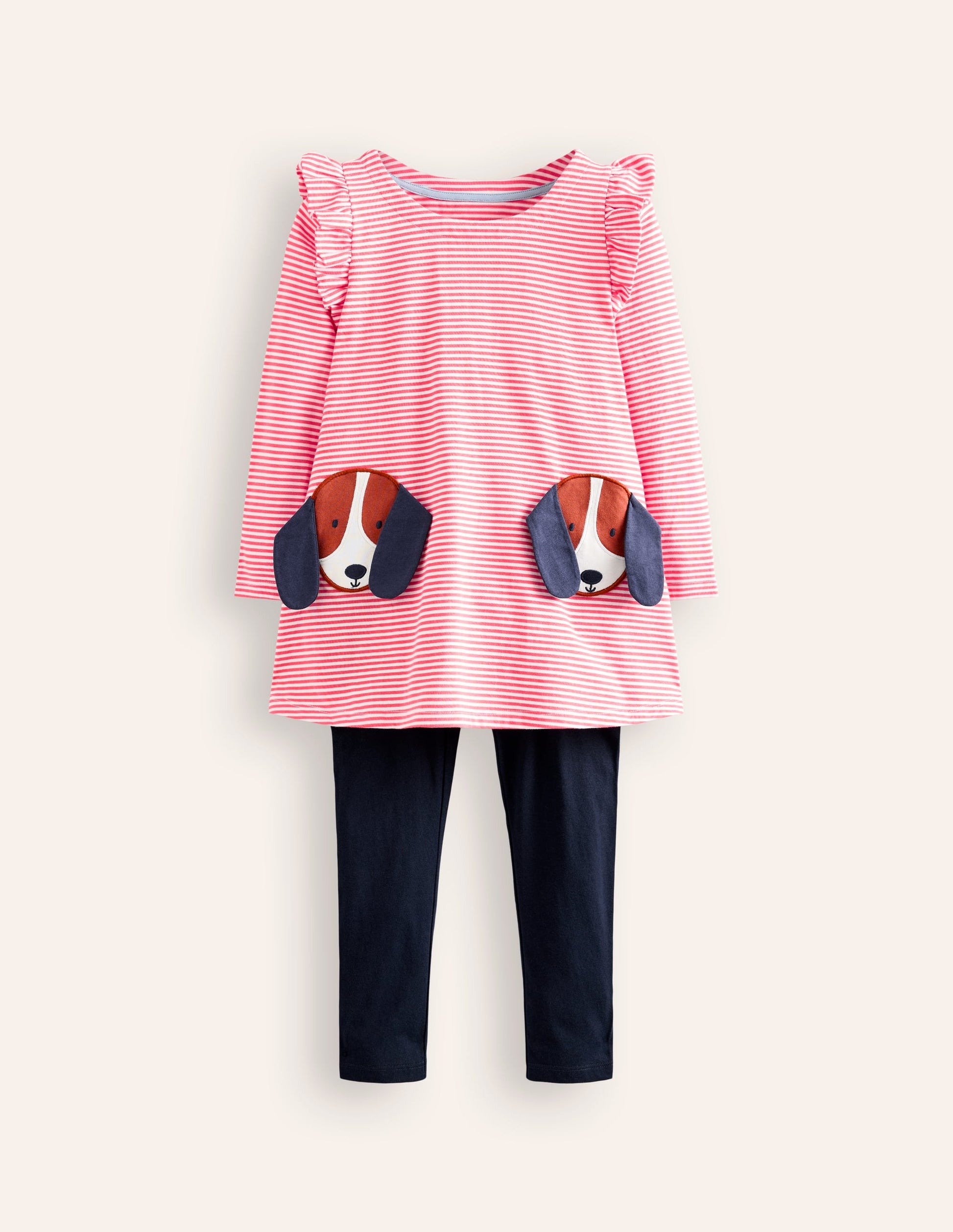 Frill Tunic Leggings Set-Ivory/Poppy Red dogs-1