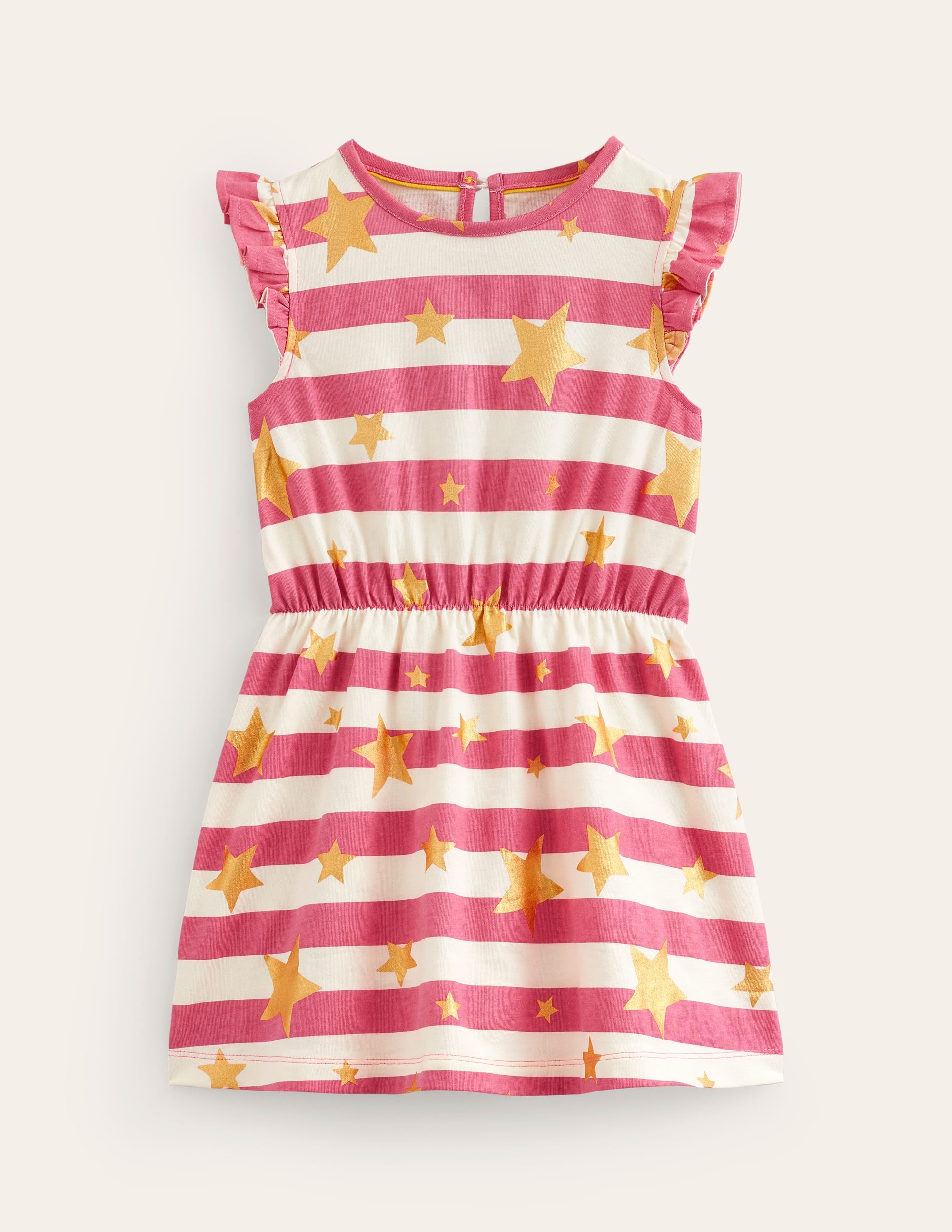 Frill Sleeve Jersey Dress-Rose Pink Gold Star Stripe - Image 1