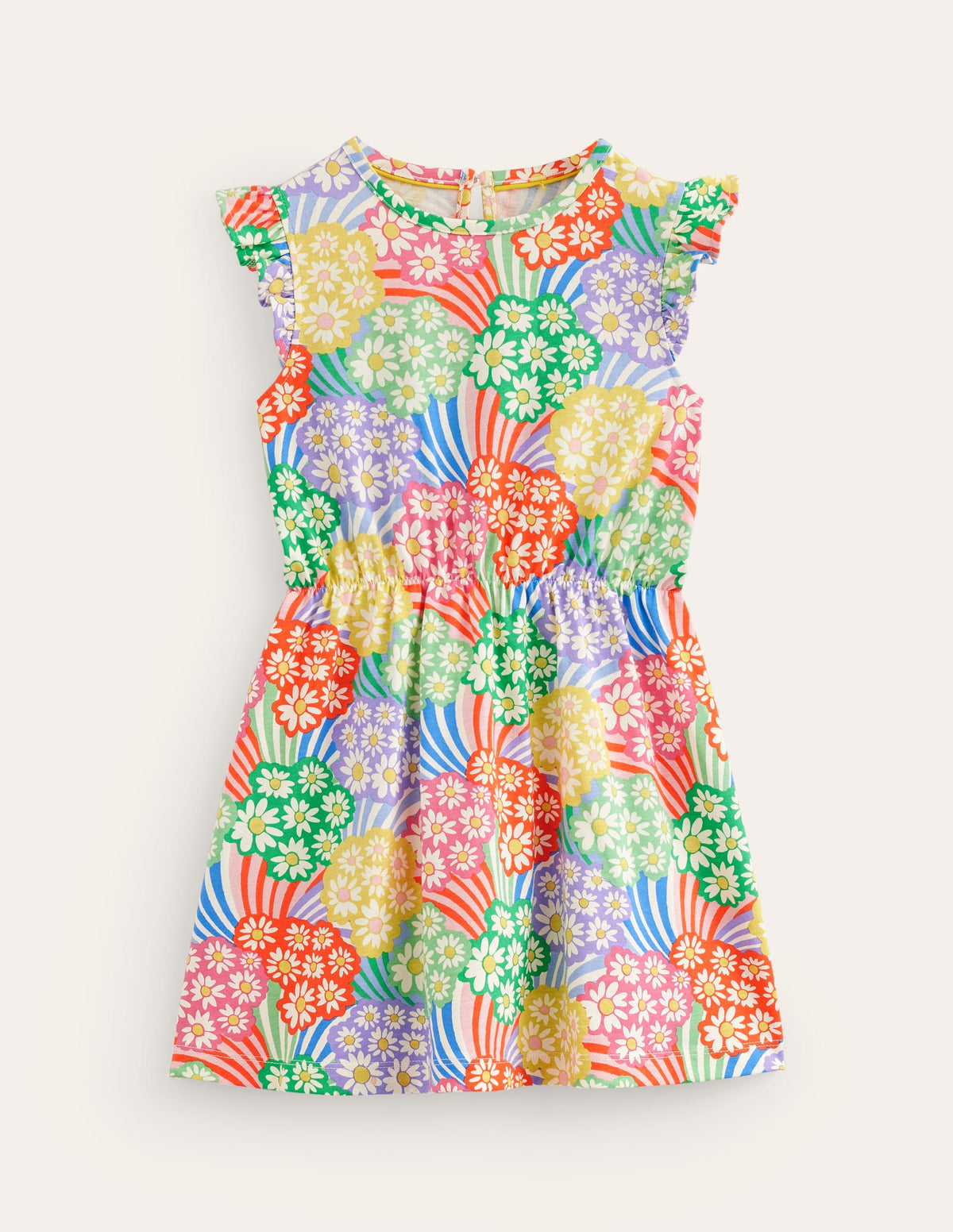 Frill Sleeve Jersey Dress-Multi Rainbow Daisies-1