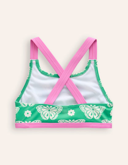 Cross Back Bikini Top-Pea Green Butterfly Stamp-2