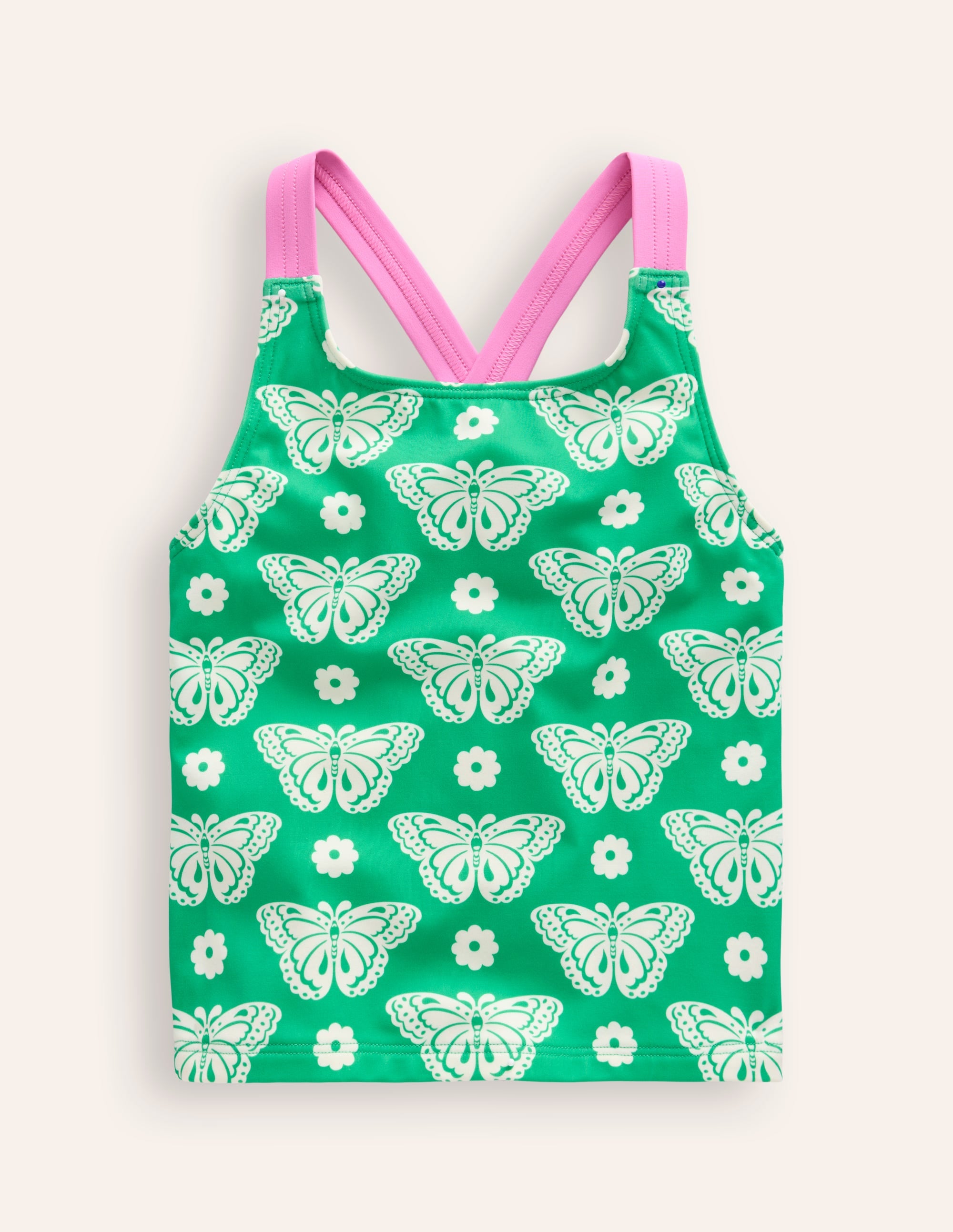 Cross Back Tankini Top-Pea Green Butterfly Stamp - Image 1