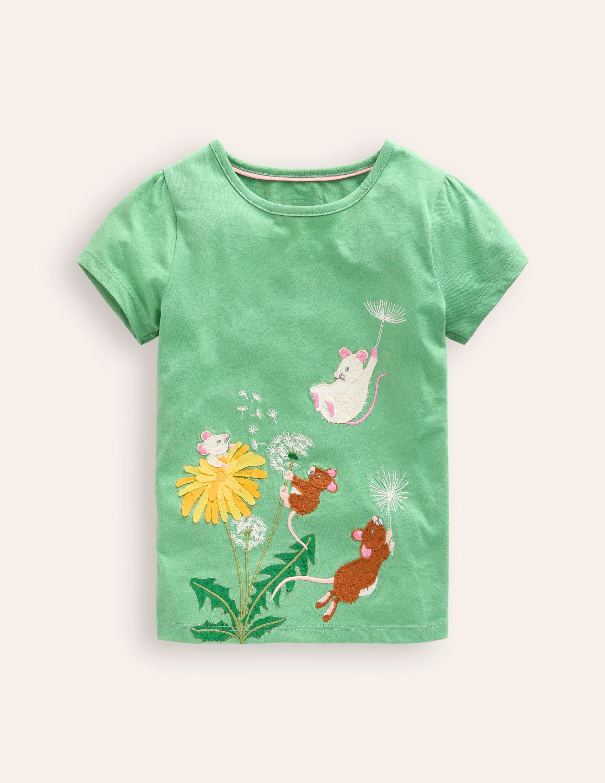 Puff Sleeve Appliqué T-shirt-Aloe Green Mice-1