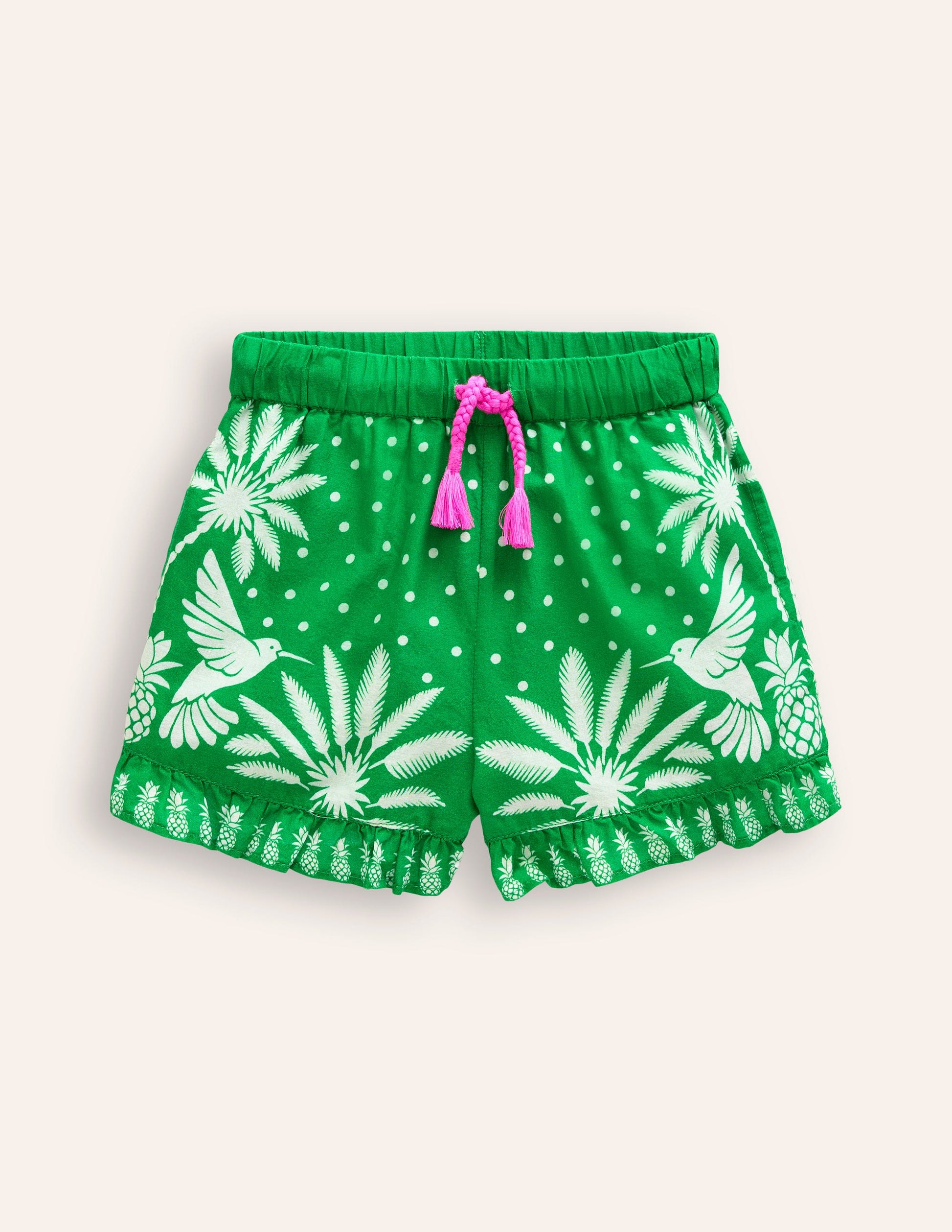 Frill Hem Woven Shorts-Runner Bean Green Palm-1