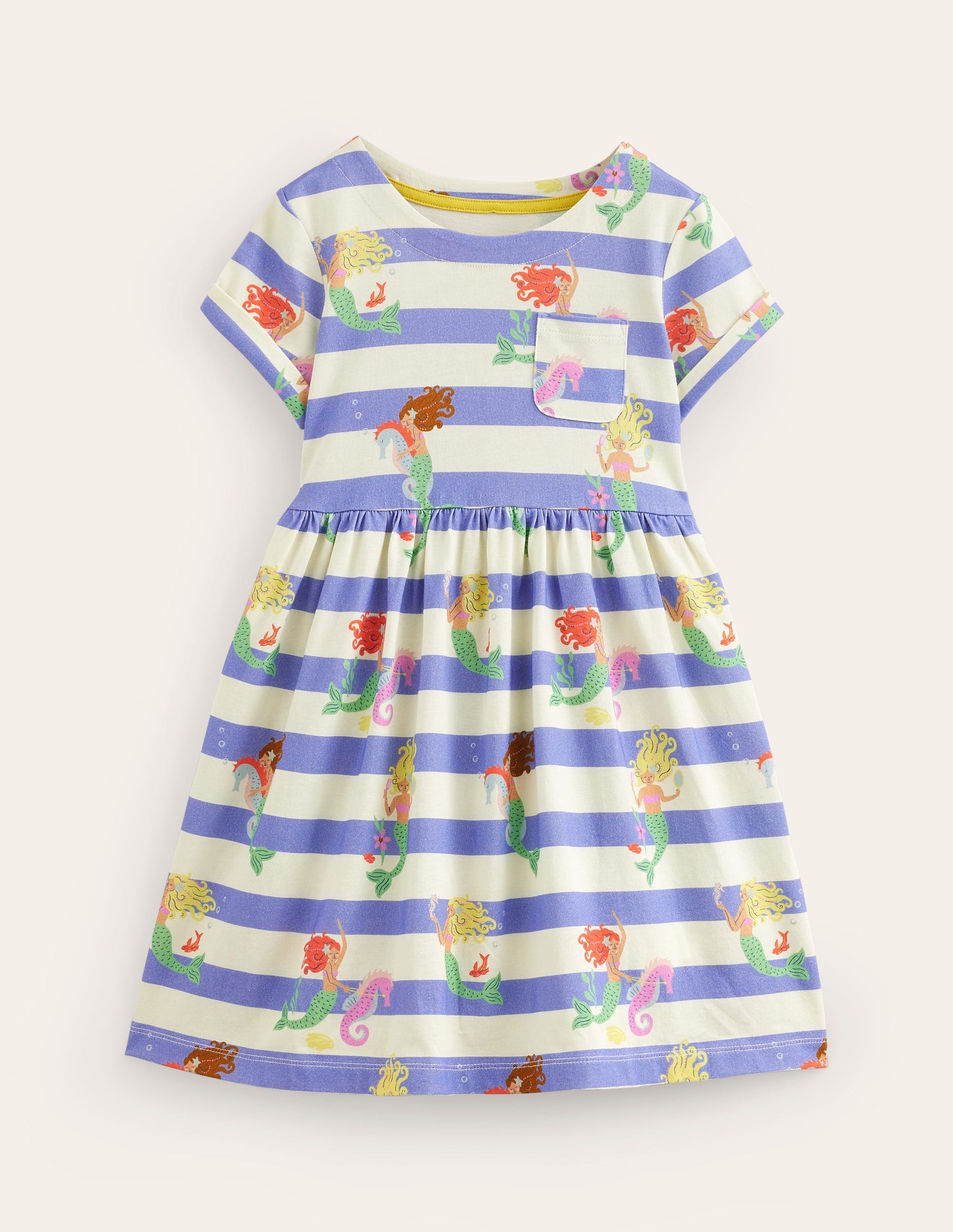 Short-sleeved Fun Jersey Dress-Surf Blue Mermaid Stripe-1