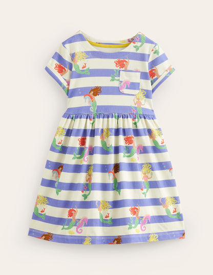 Short-sleeved Fun Jersey Dress-Surf Blue Mermaid Stripe-1
