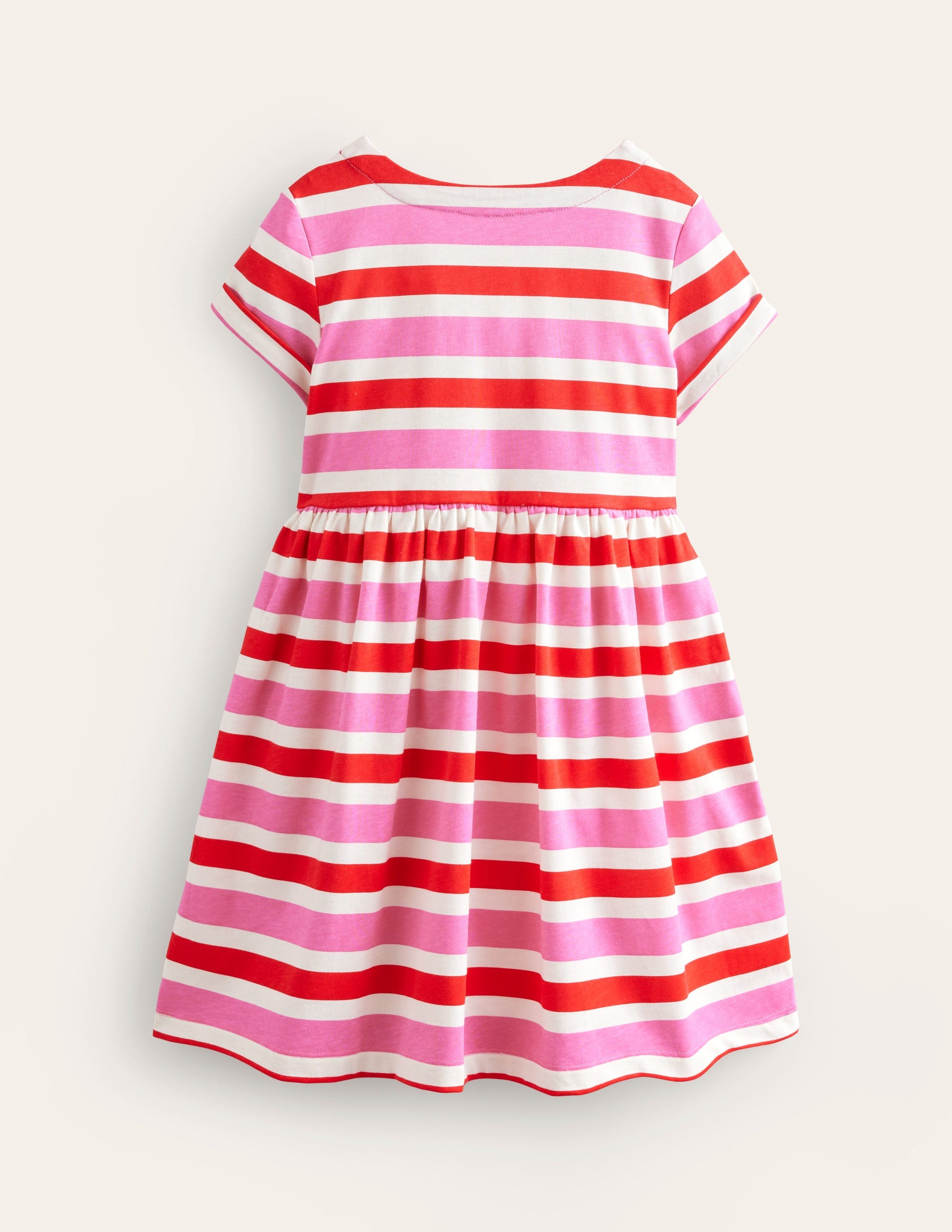 Short-sleeved Fun Jersey Dress-Poppy Red/ Pink Stripe-2