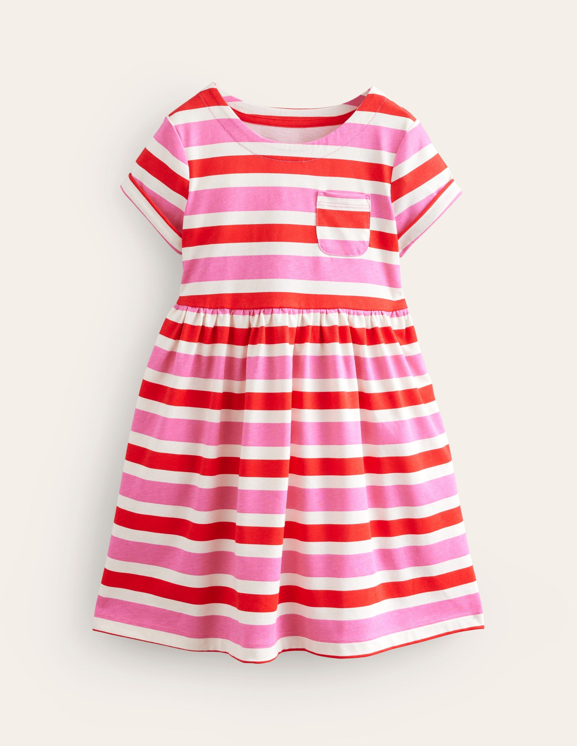 Short-sleeved Fun Jersey Dress-Poppy Red/ Pink Stripe-1