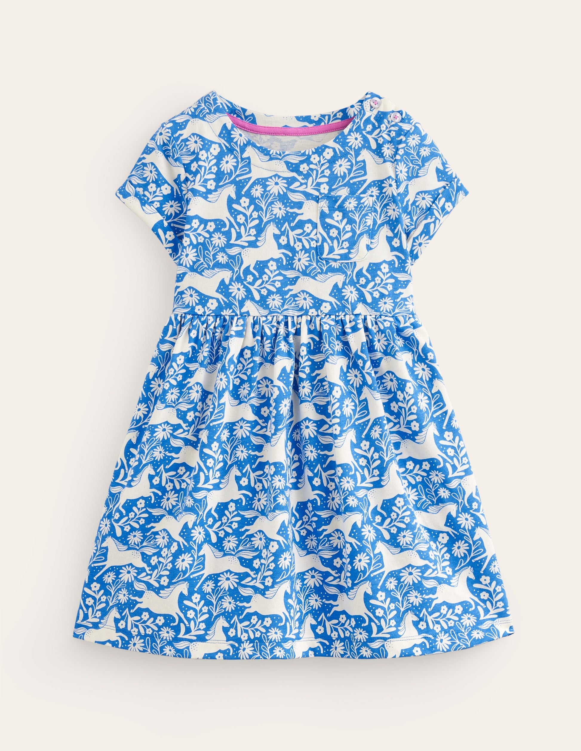 Short-sleeved Fun Jersey Dress-Peacock Plume Blue Horses-1