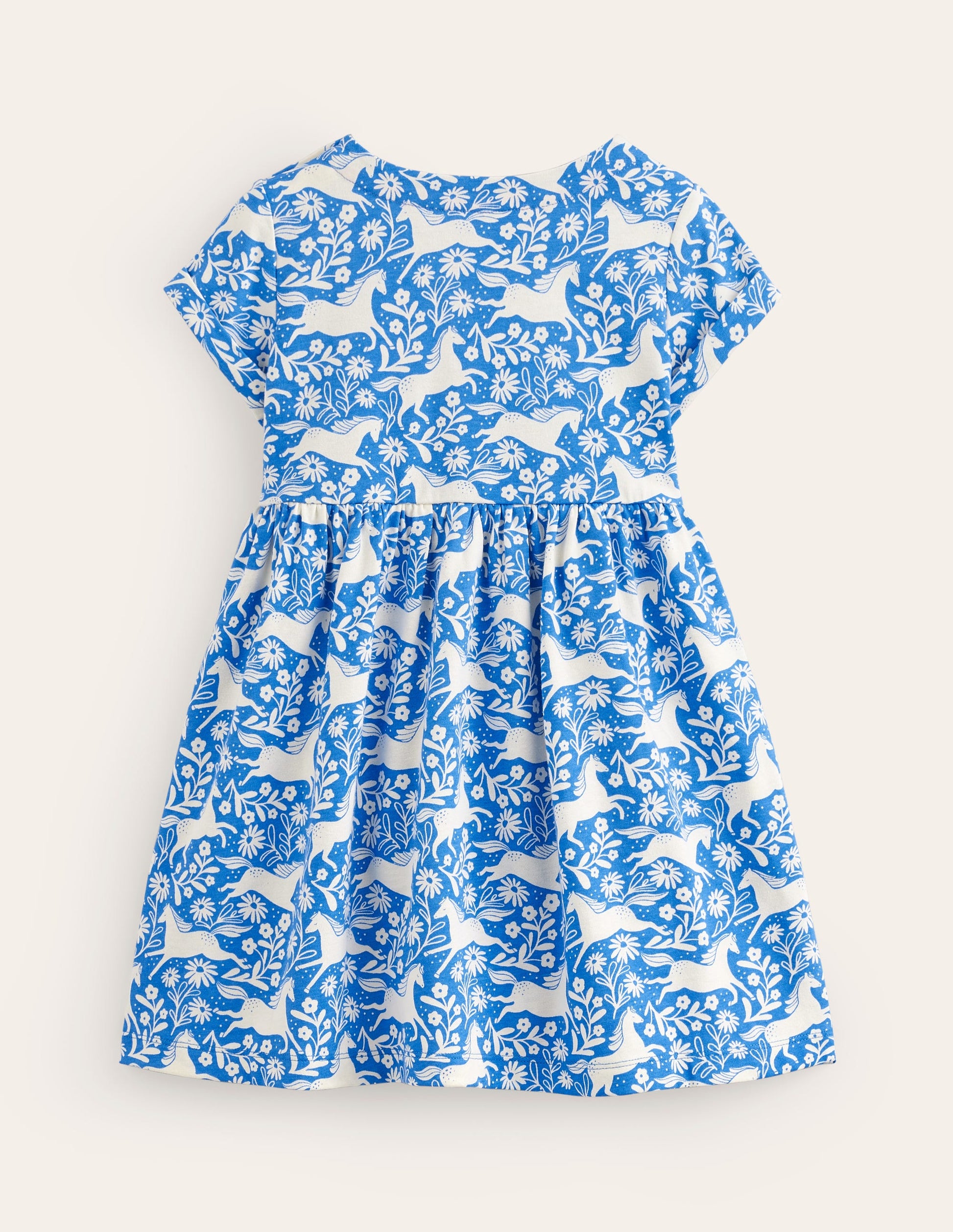 Short-sleeved Fun Jersey Dress-Peacock Plume Blue Horses-2
