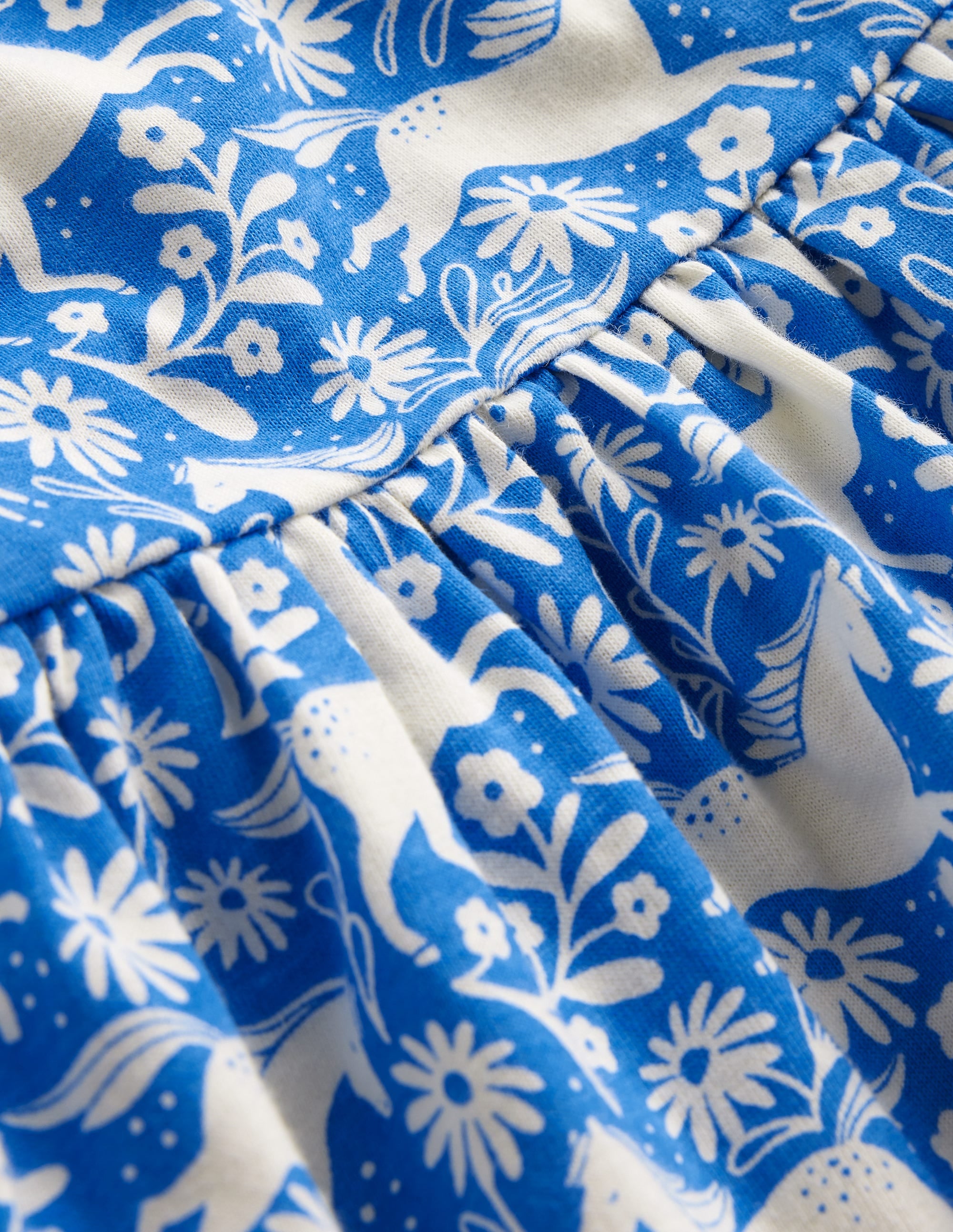 Short-sleeved Fun Jersey Dress-Peacock Plume Blue Horses - Image 3