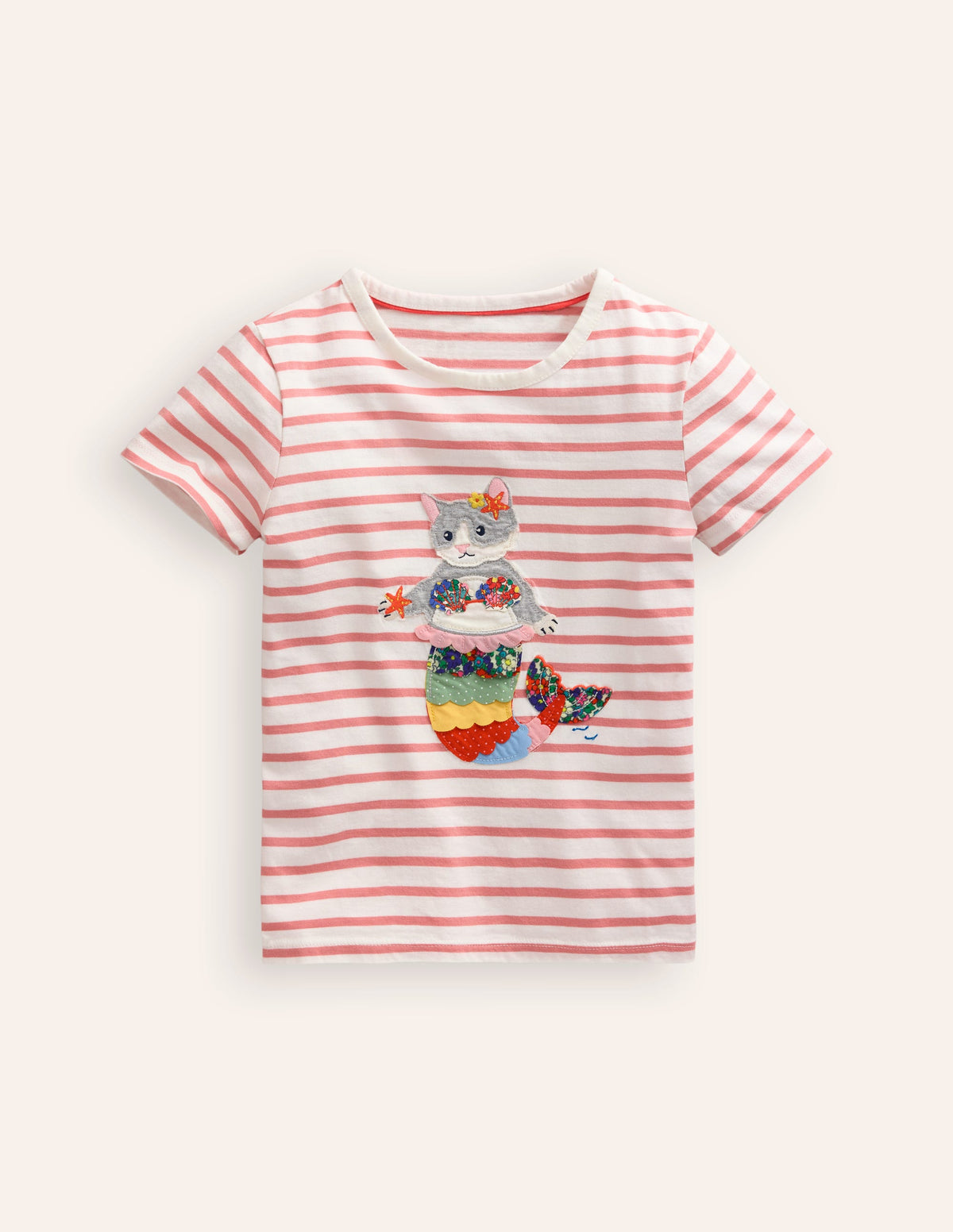 Short Sleeve Appliqué T-shirt-Ivory/ Pink MerCat-1