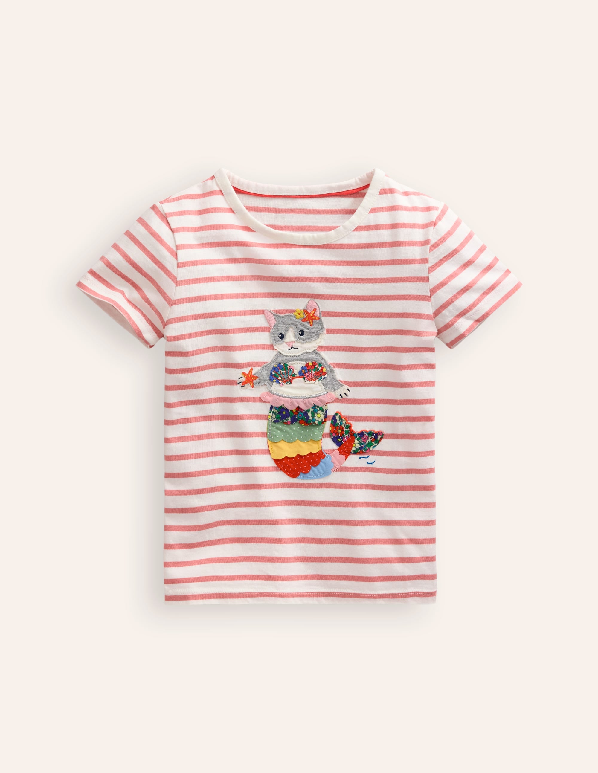 Short Sleeve Appliqué T-shirt-Ivory/ Pink MerCat - Image 1