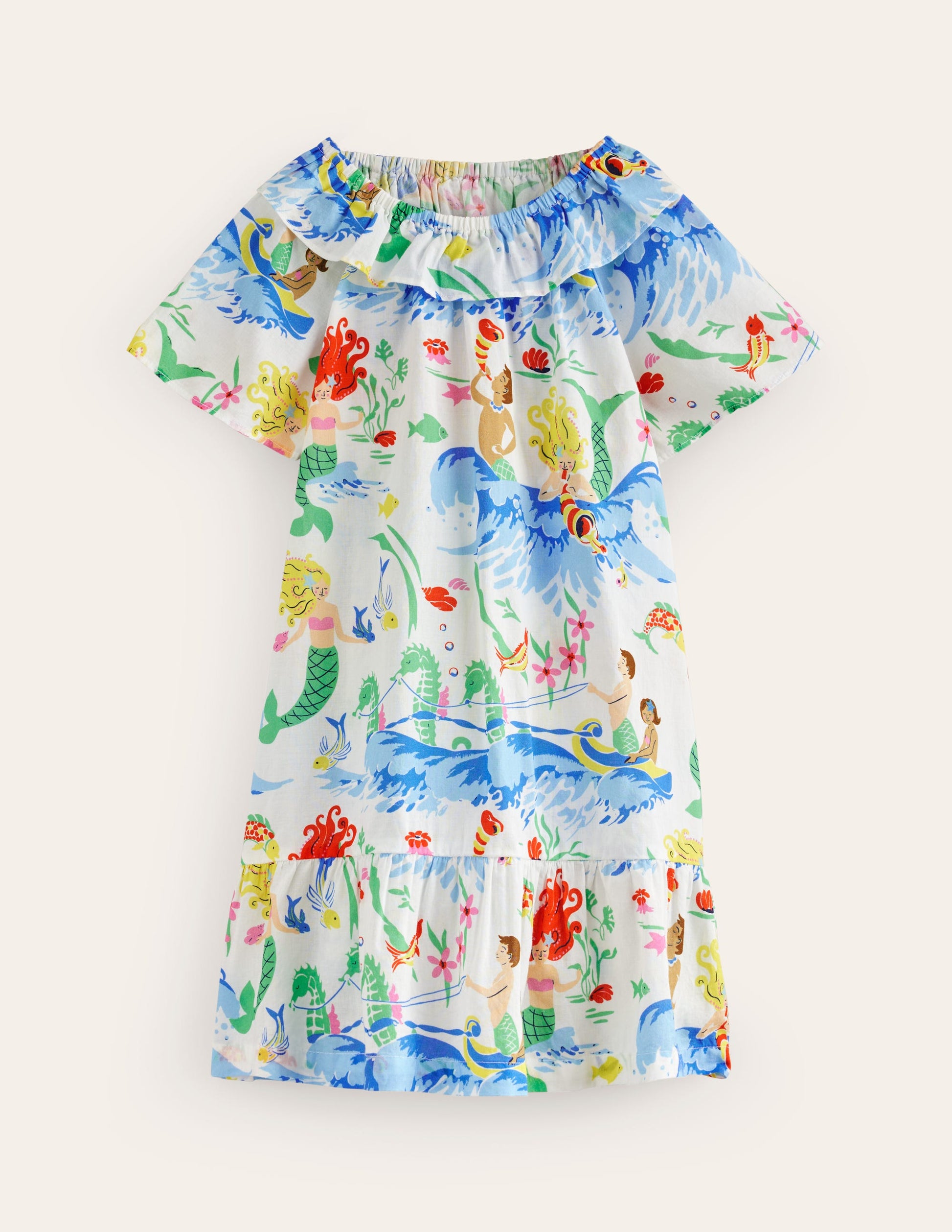 Frill Neck Woven Dress-Ivory Waterbabies-1