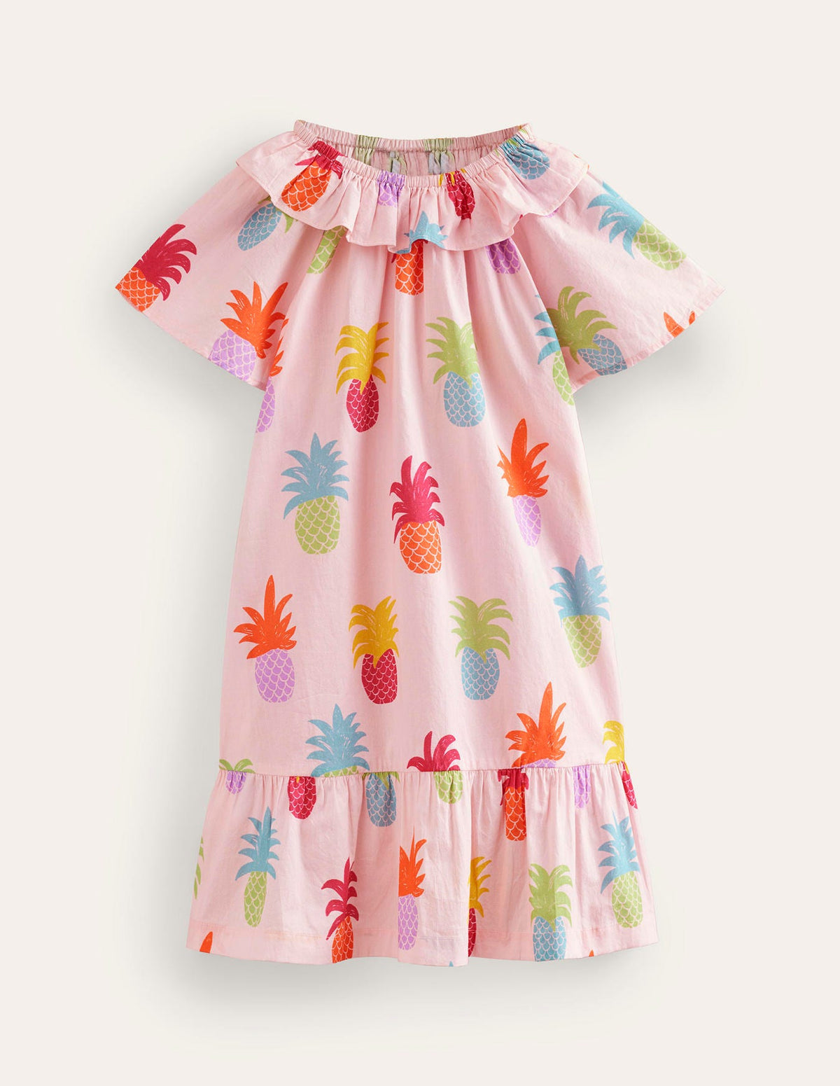 Frill Neck Woven Dress-Blooming pink Pineapples-1