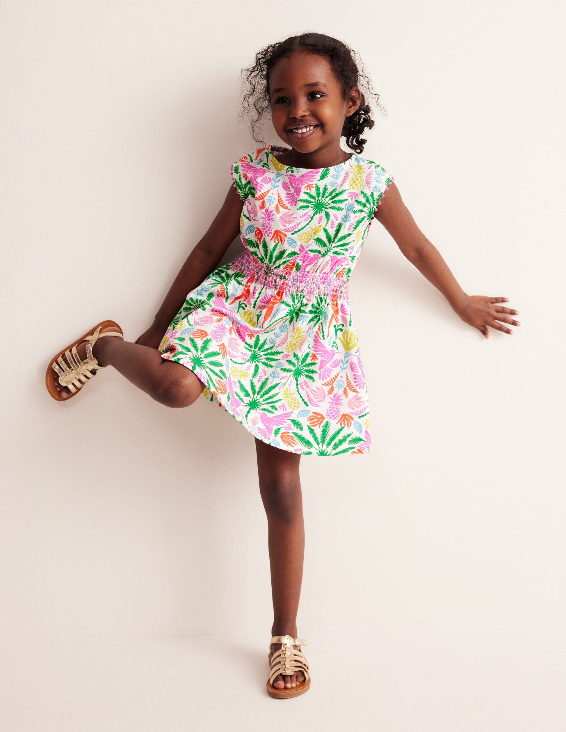 Shirred Waist Jersey Dress-Multi Rainbow Palm-1