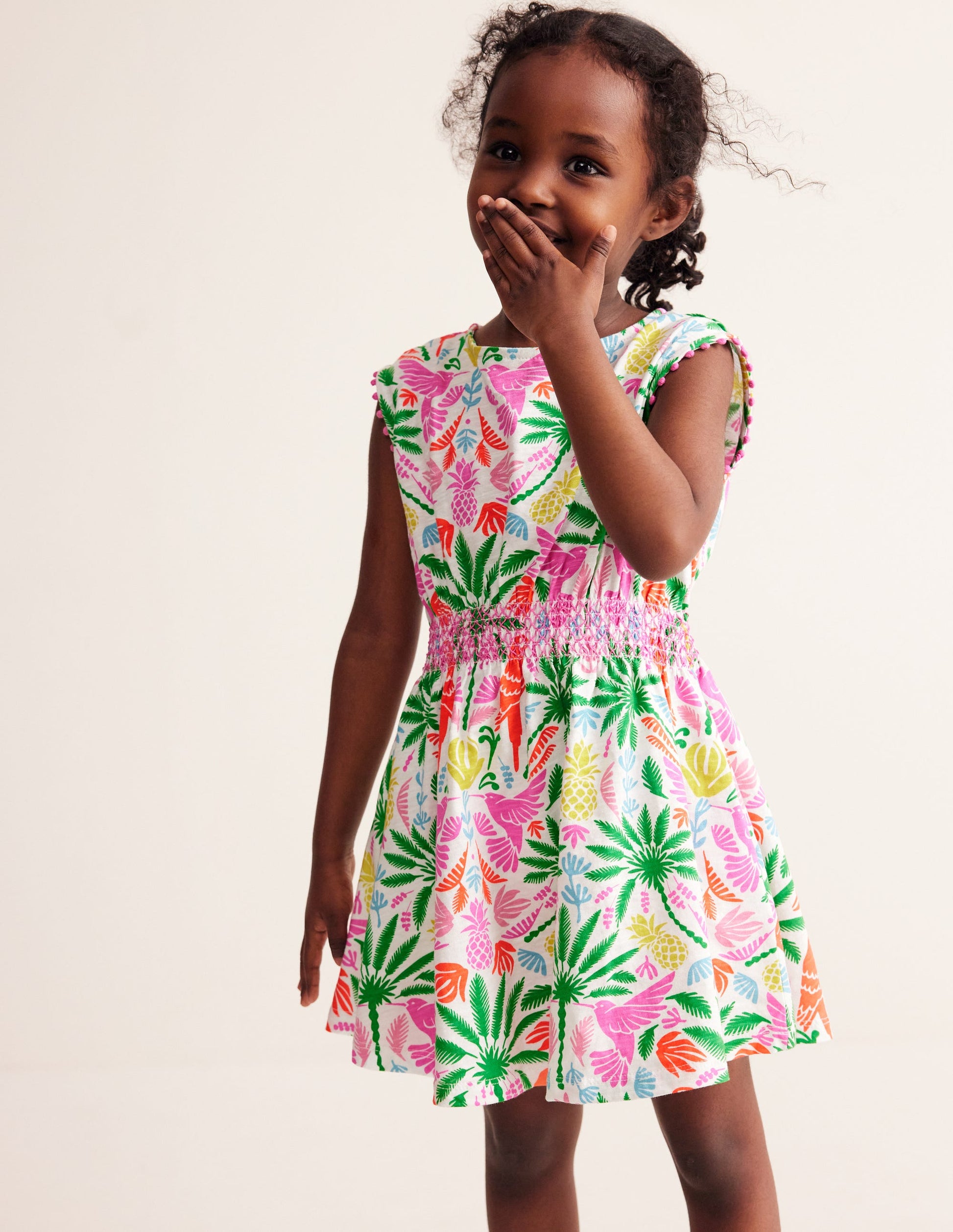 Shirred Waist Jersey Dress-Multi Rainbow Palm-2