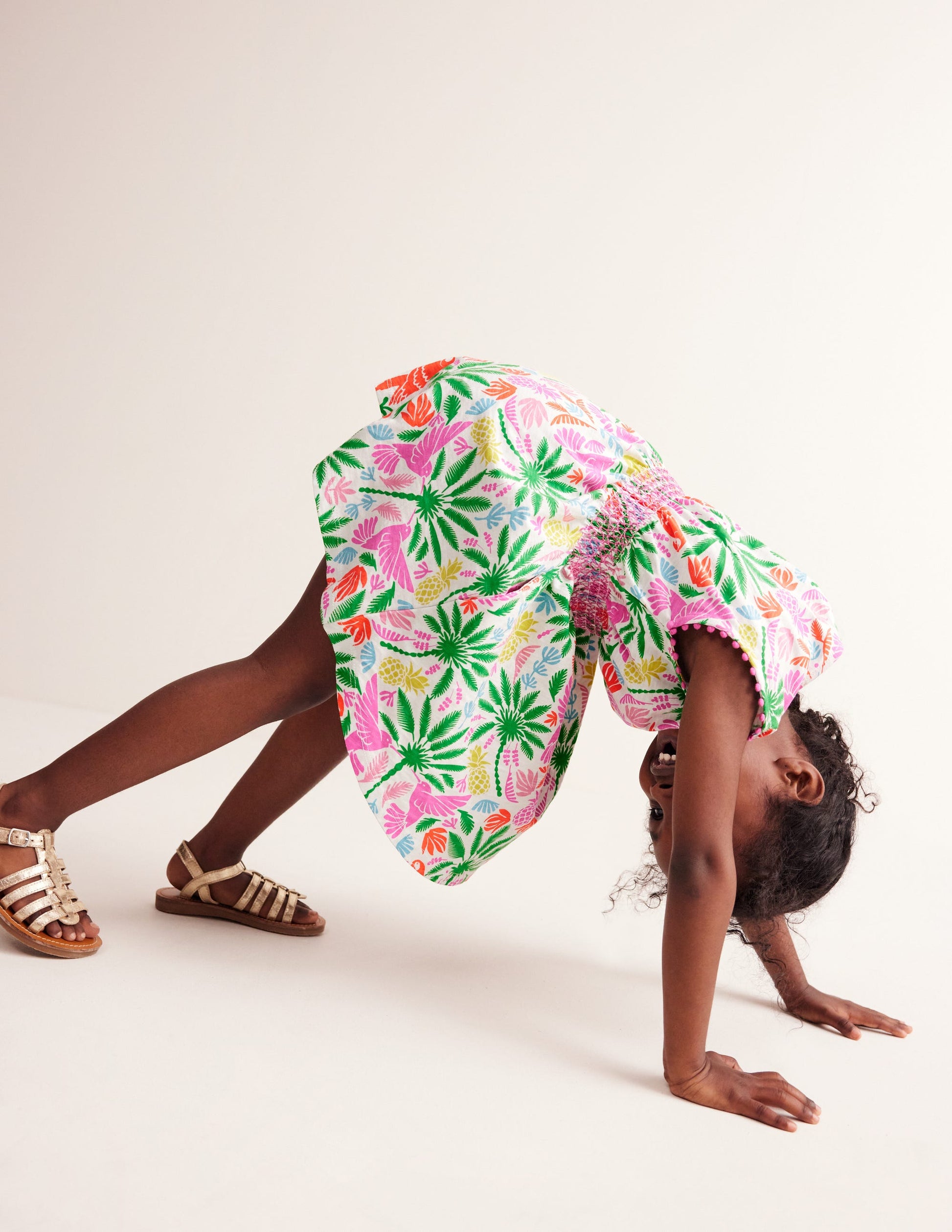 Shirred Waist Jersey Dress-Multi Rainbow Palm-3