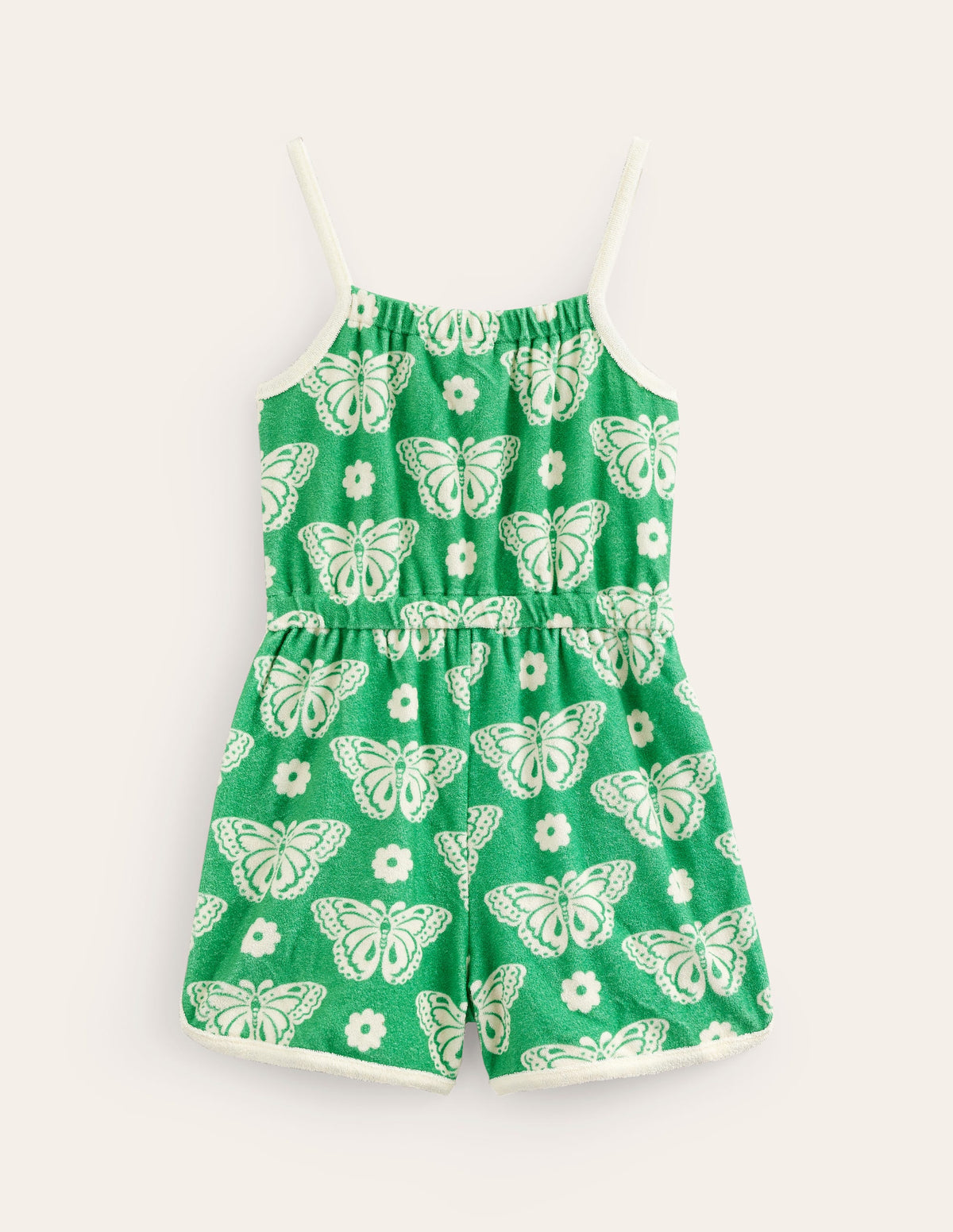 Strappy Towelling Playsuit-Pea Green Butterfly Stamp-2