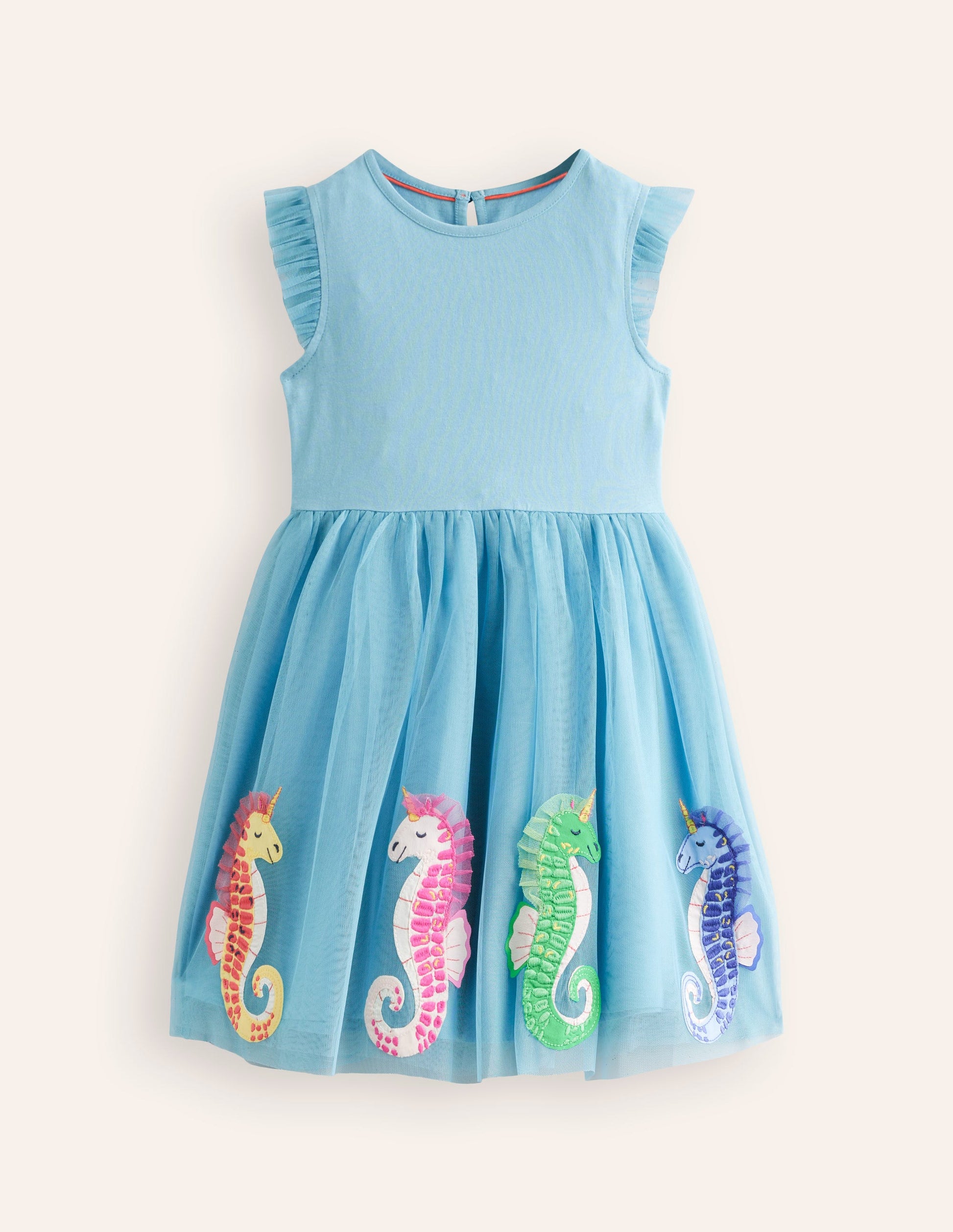 Jersey Tulle Appliqué Dress-Aqua Sea Blue Seahorses-1