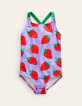 Cross-back Printed Swimsuit-Violet Tulip Strawberries