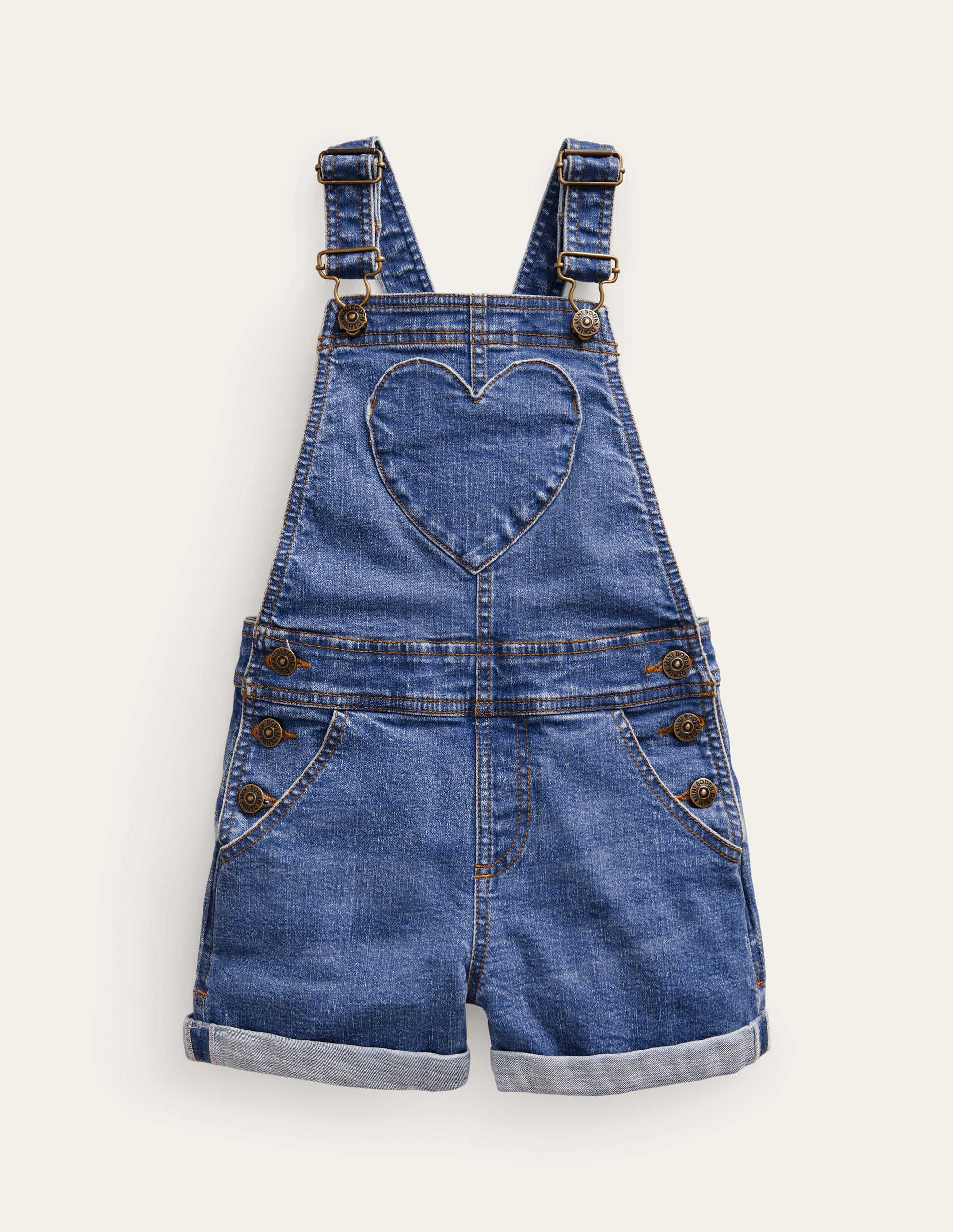 Heart Pocket Short Dungarees-Mid Vintage Denim - Image 1