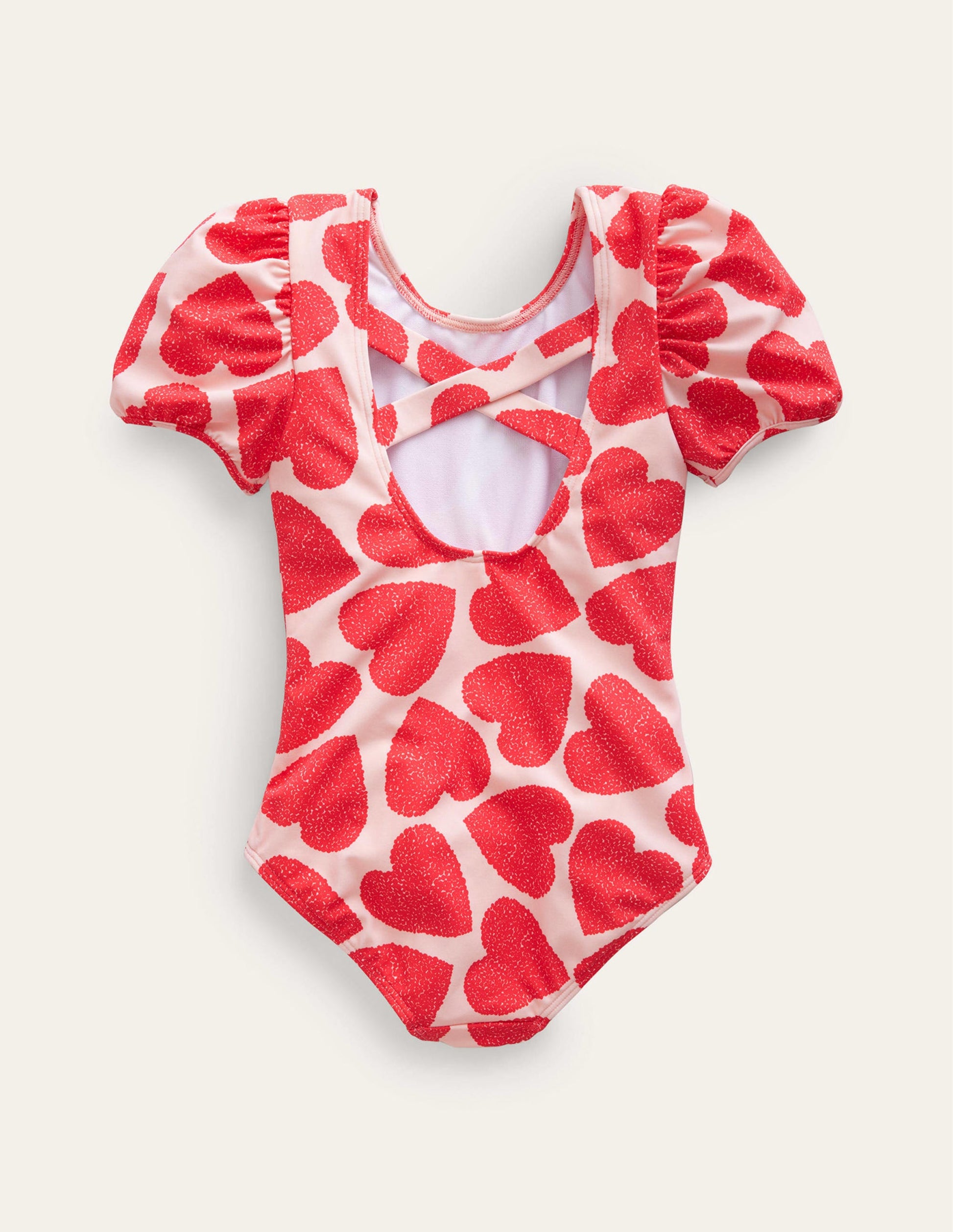 Printed Puff-sleeved Swimsuit-Ballet Pink Hearts-2