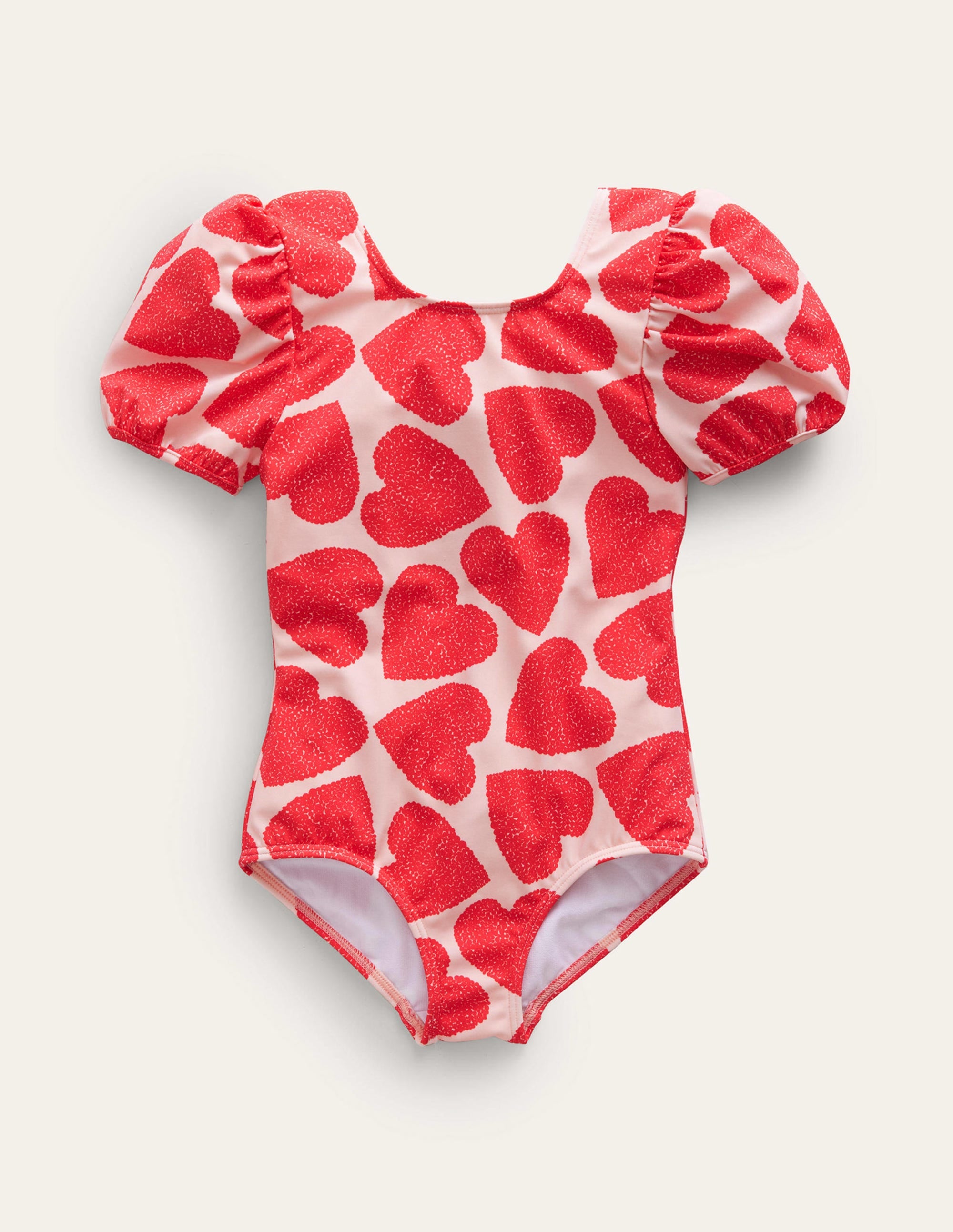 Printed Puff-sleeved Swimsuit-Ballet Pink Hearts - Image 1