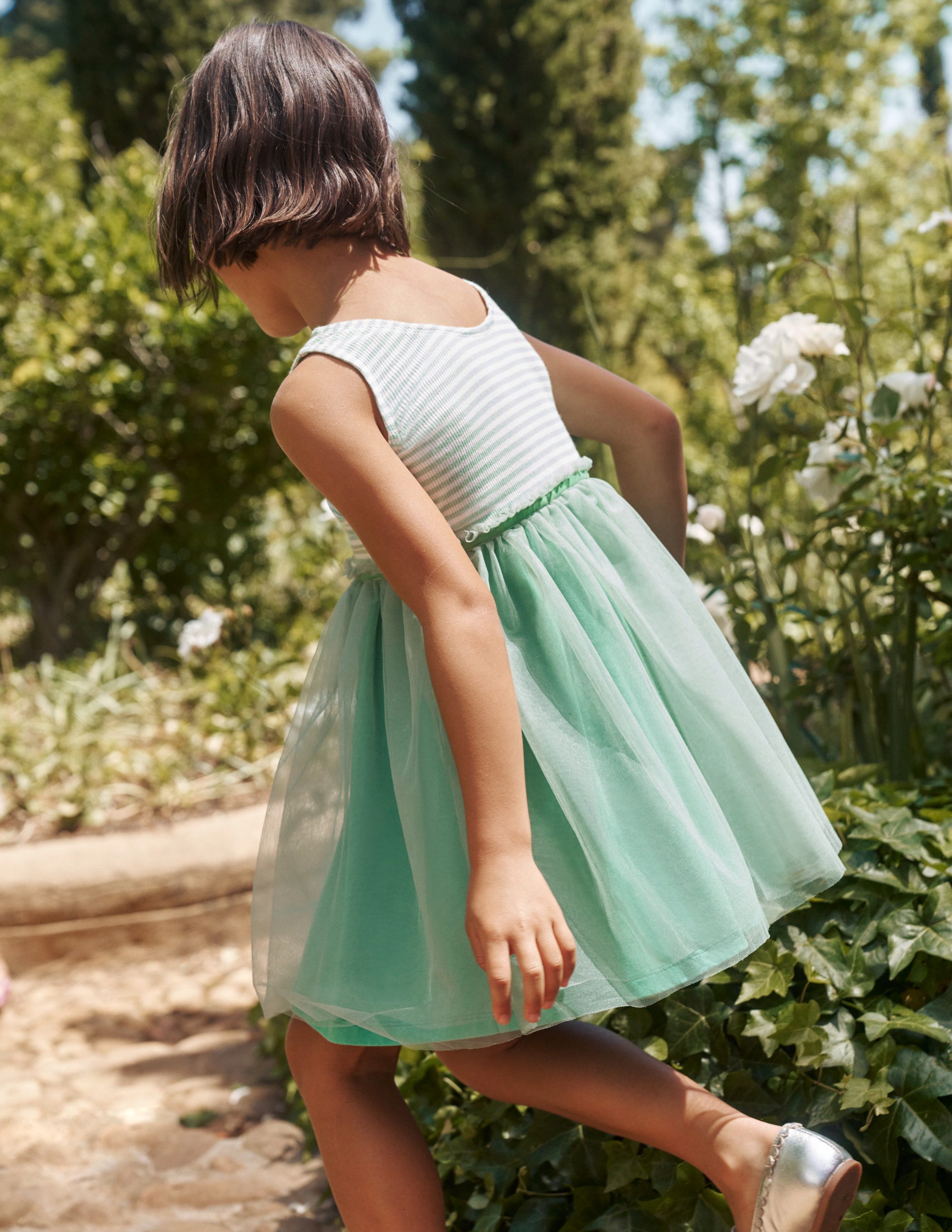 Jersey Tulle Mix Dress-Pistachio Green / Ivory Stripe - Image 5