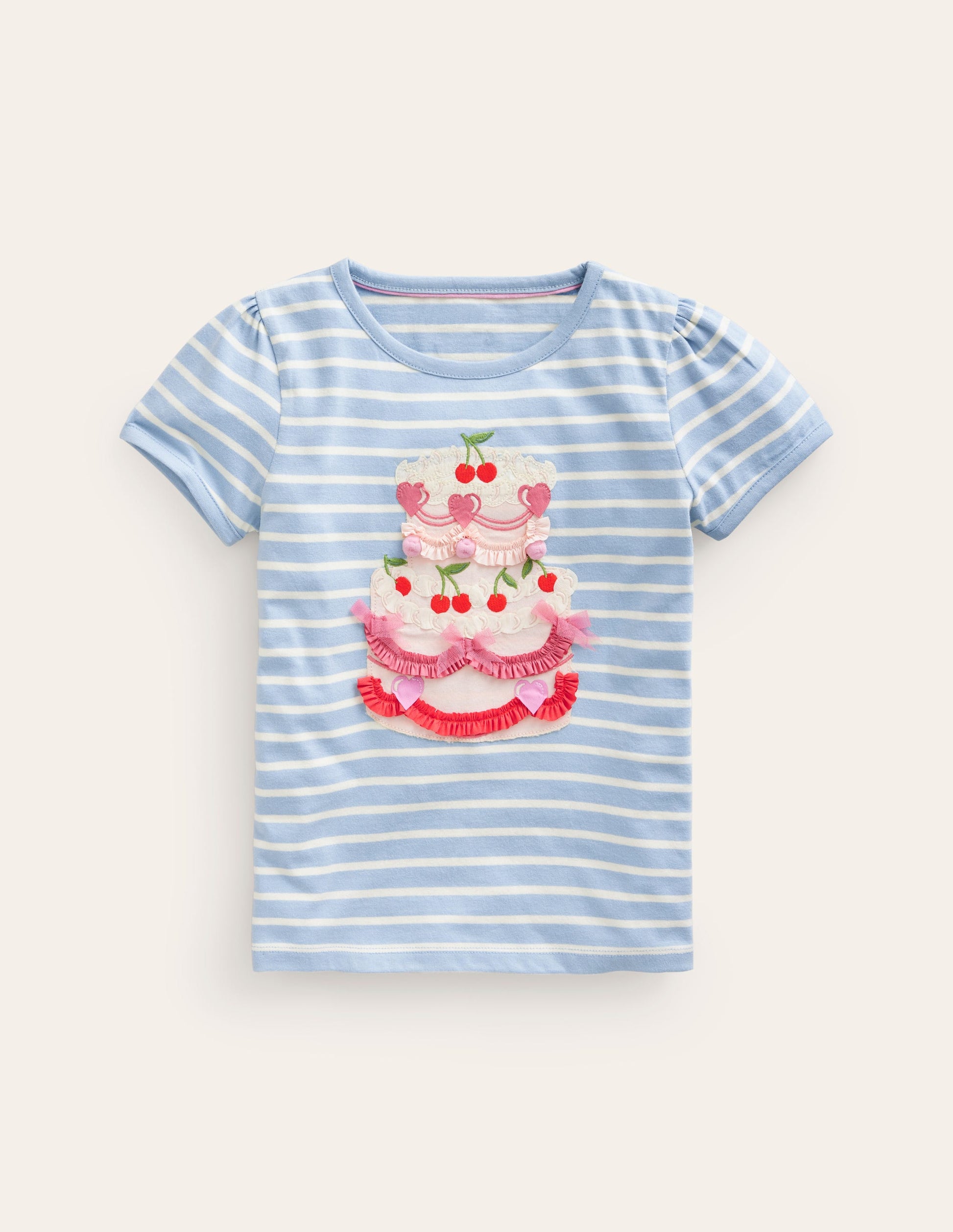 Puff Sleeve Appliqué T-shirt-Vintage Blue/Ivory Cake-1