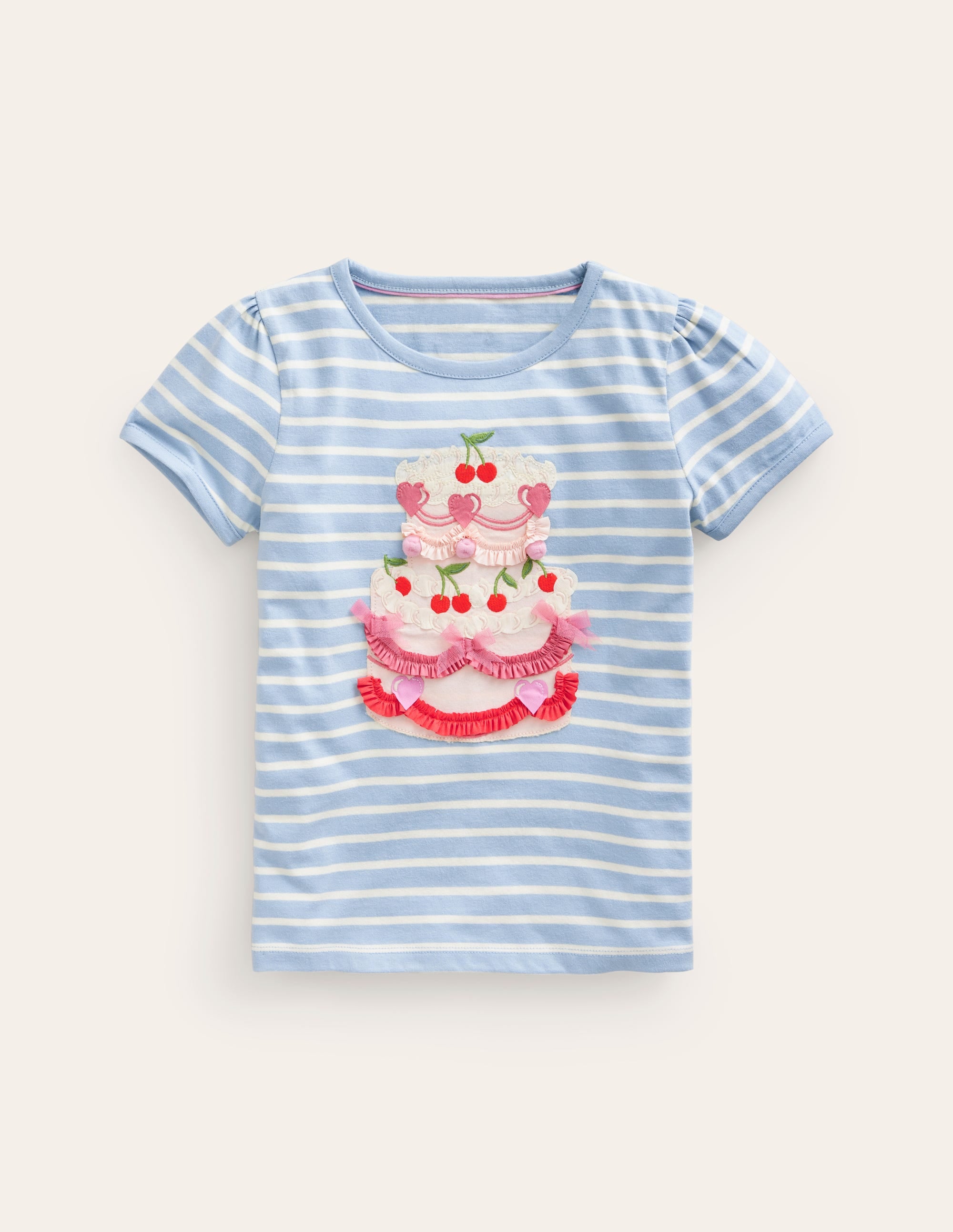 Puff Sleeve Appliqué T-shirt-Vintage Blue/Ivory Cake - Image 1