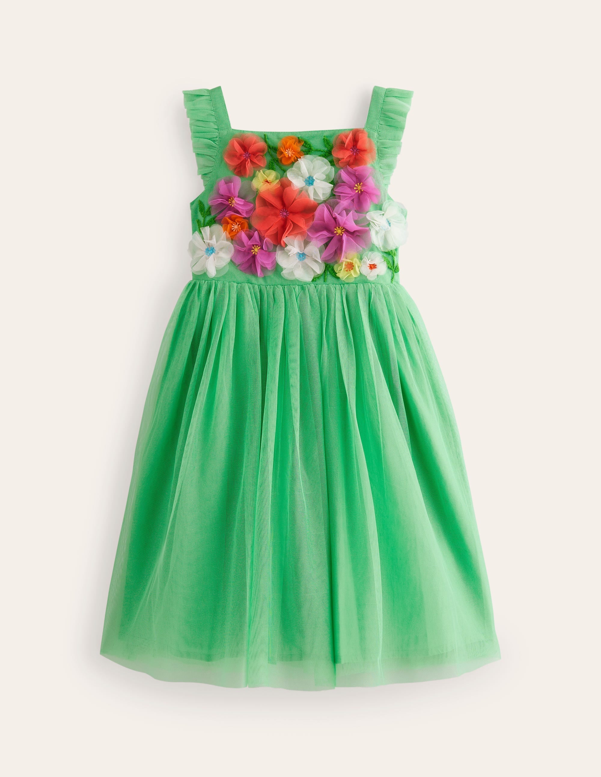 Appliqué Tulle Dress-Pea Green Flowers - Image 1