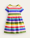 Short-sleeved Fun Jersey Dress-Multi Rainbow Stripe