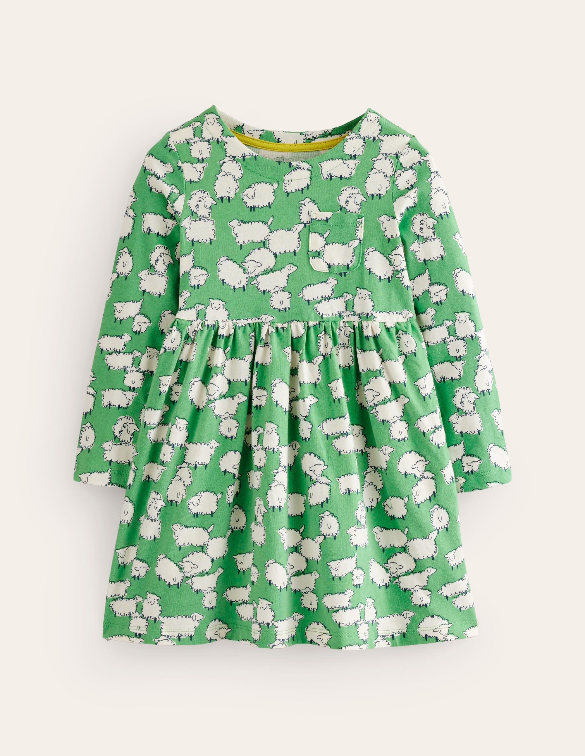 Long Sleeve Fun Jersey Dress-Aloe Green Sheep - Image 1