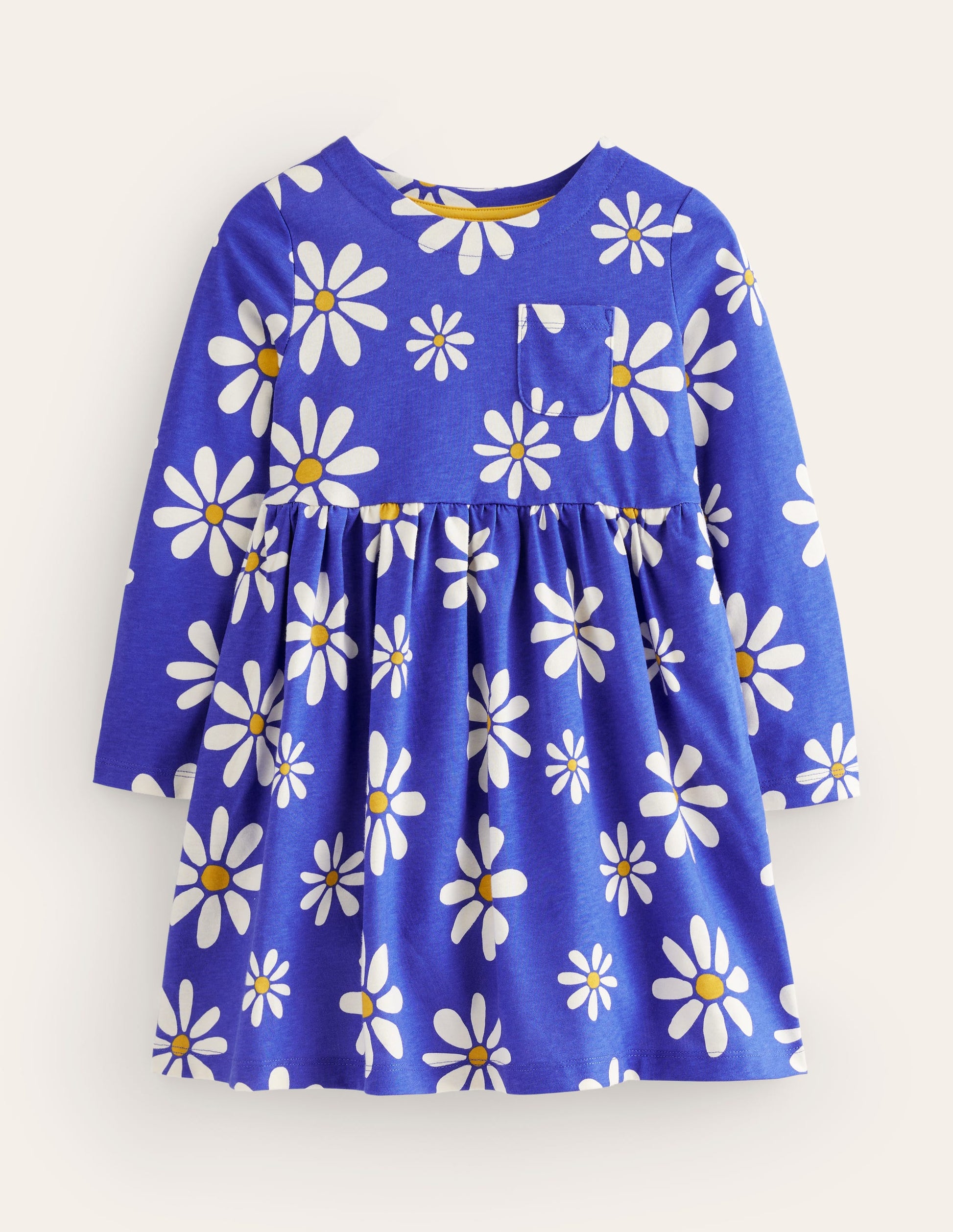 Long Sleeve Fun Jersey Dress-Sapphire Blue Daisies-1
