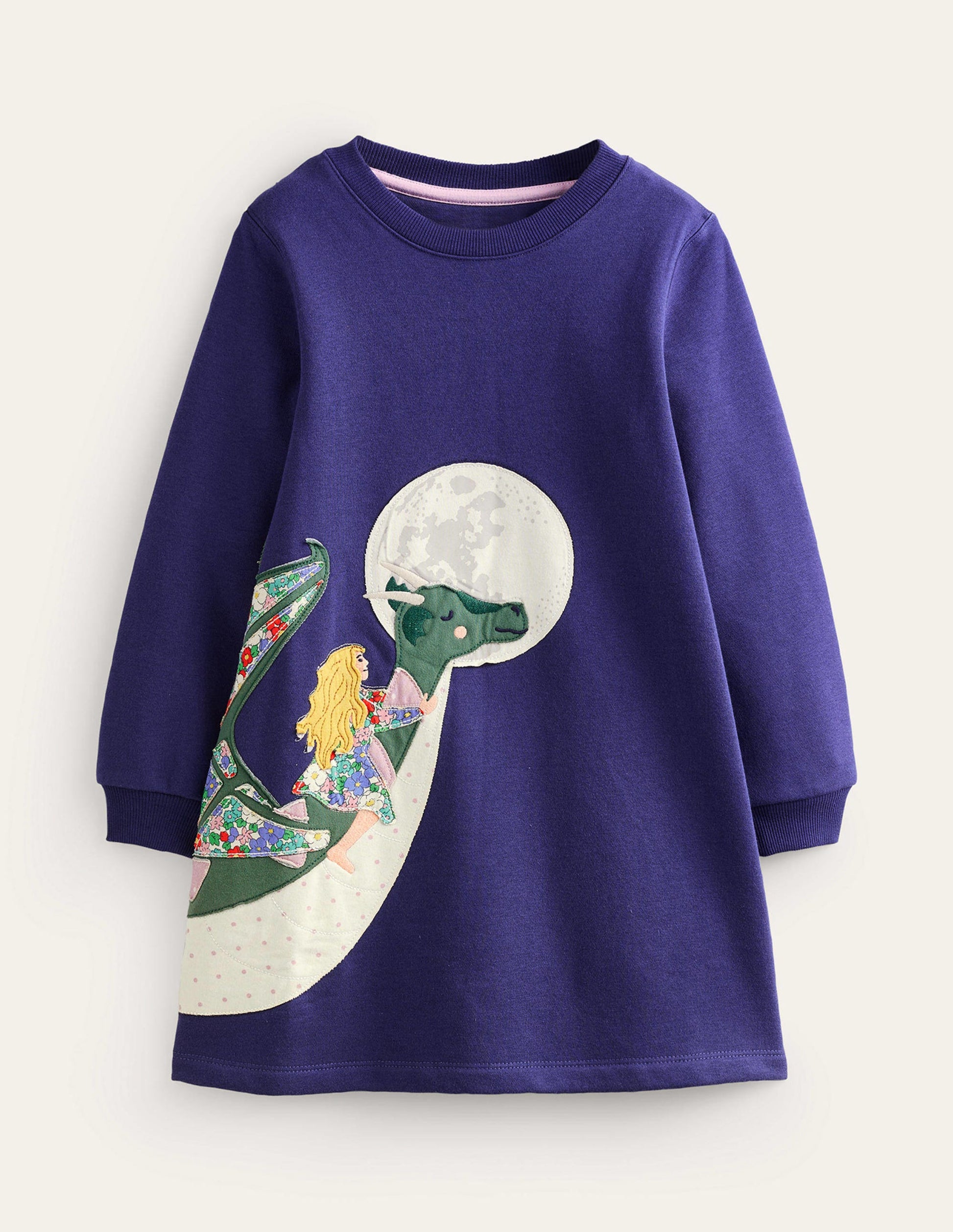 Cosy Appliqué Sweatshirt Dress-Navy Dragons-1
